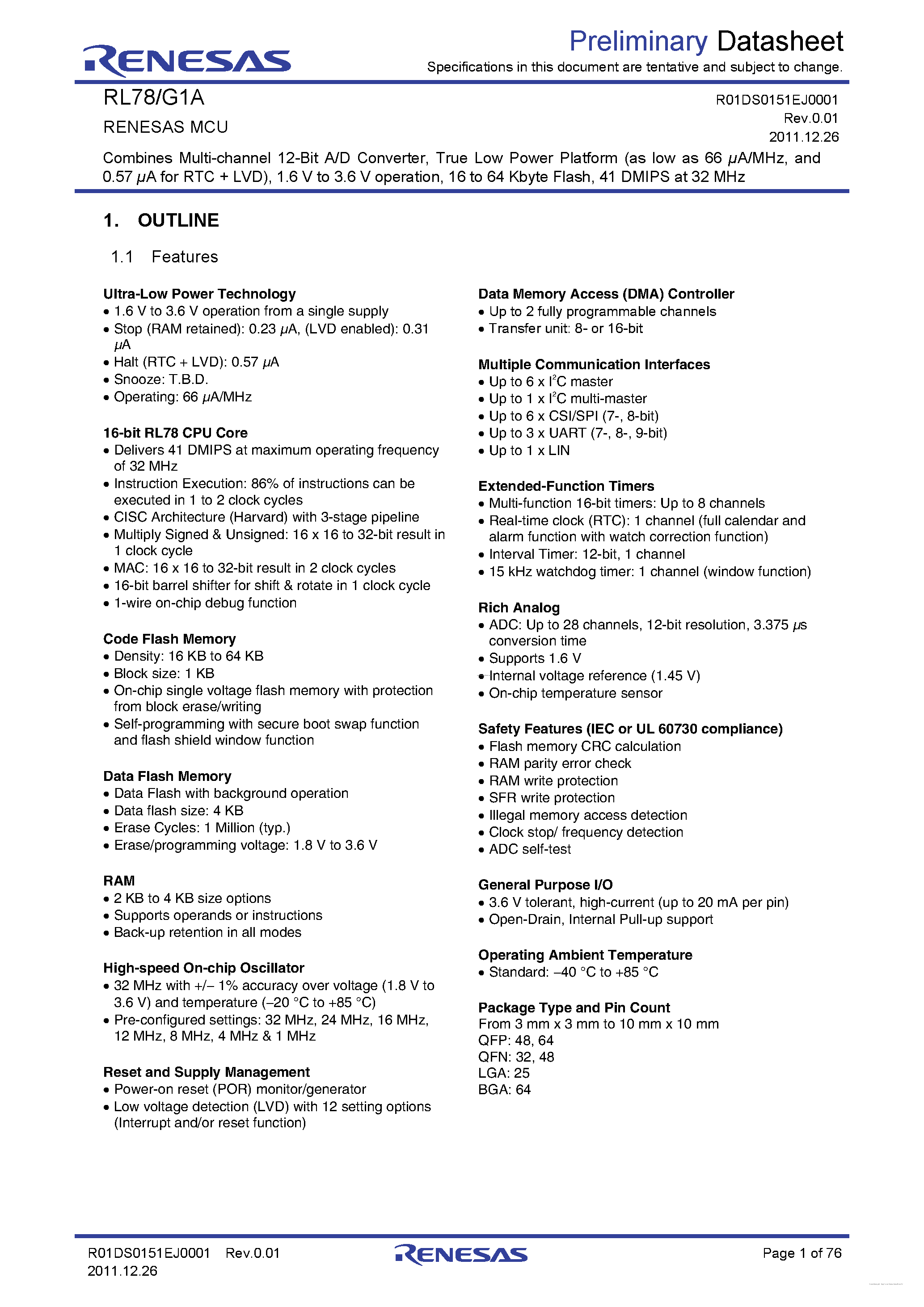 Даташит R5F10xxxxxx - Combines Multi-channel 12-Bit A/D Converter страница 1