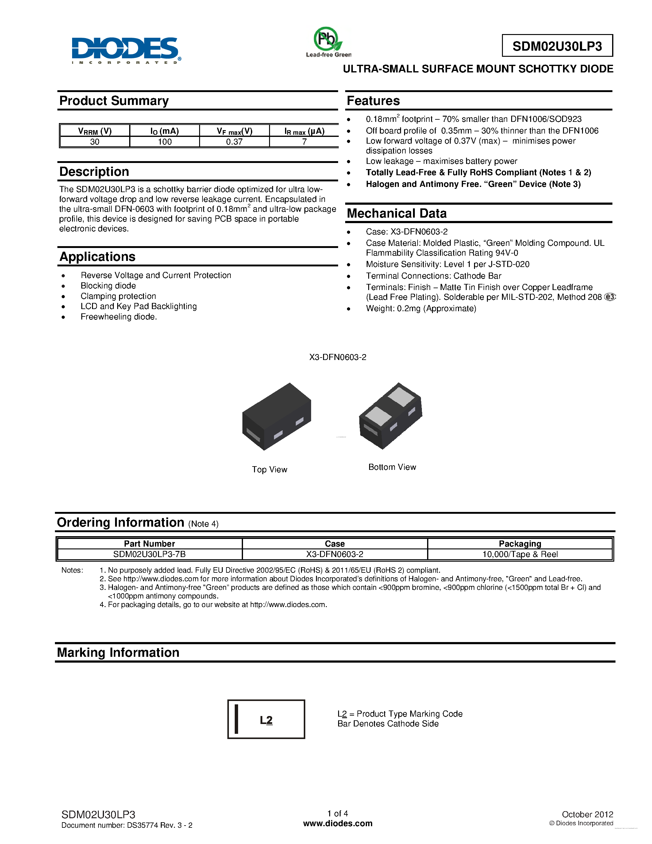 Datasheet SDM02U30LP3 - ULTRA-SMALL SURFACE MOUNT SCHOTTKY DIODE page 1