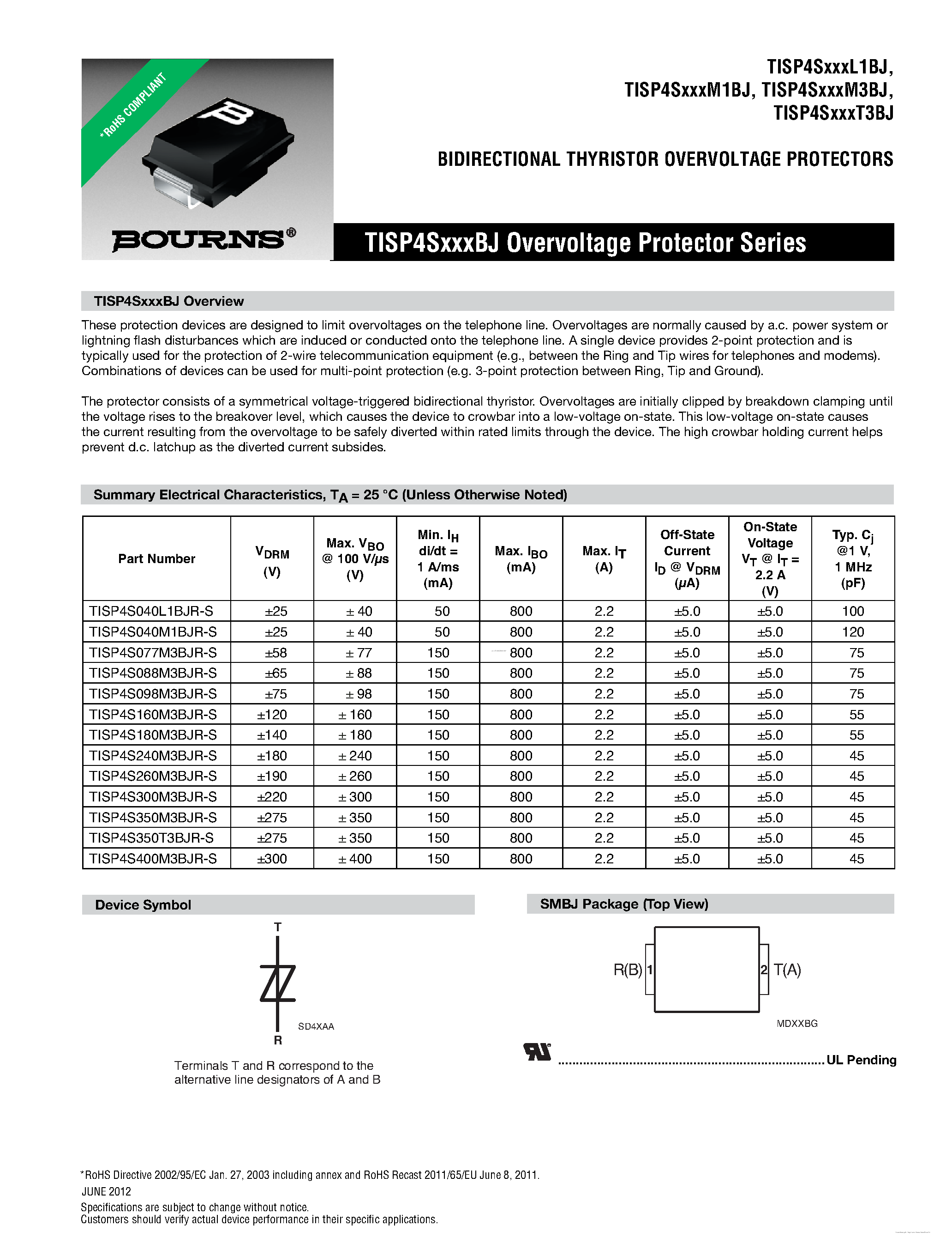 Datasheet TISP4S040L1BJR-S - page 1