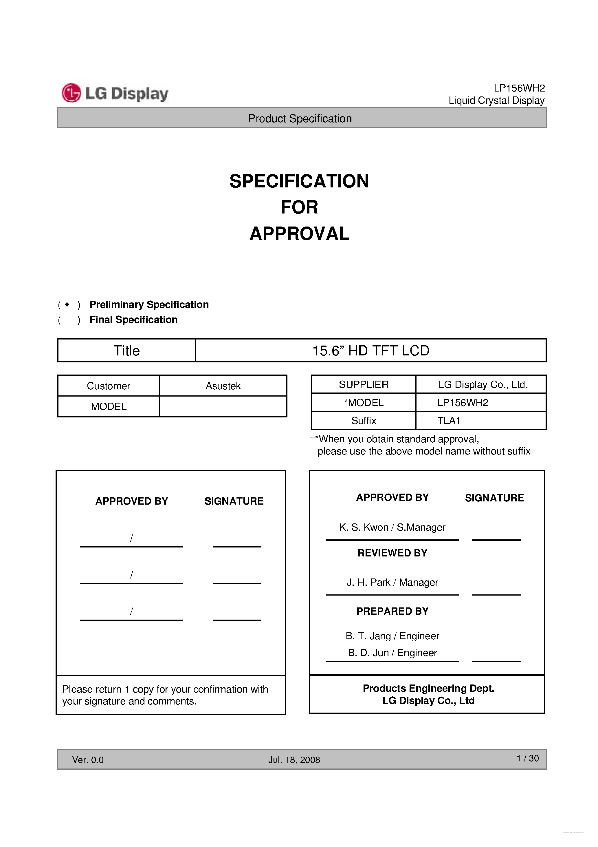 Datasheet LP156WH2-TLA1 - Liquid Crystal Display page 1