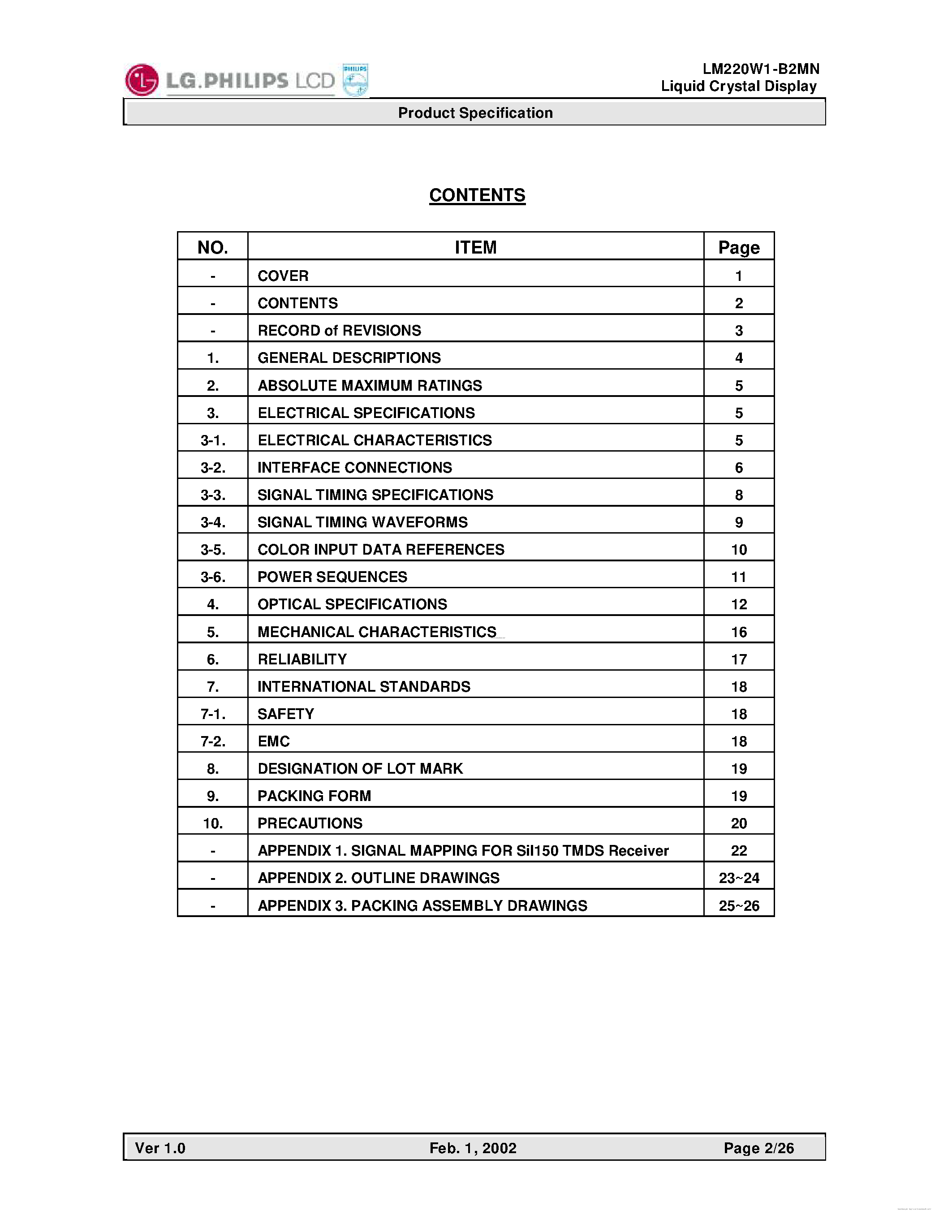 Даташит LM220W1-B2MN - Liquid Crystal Display страница 2