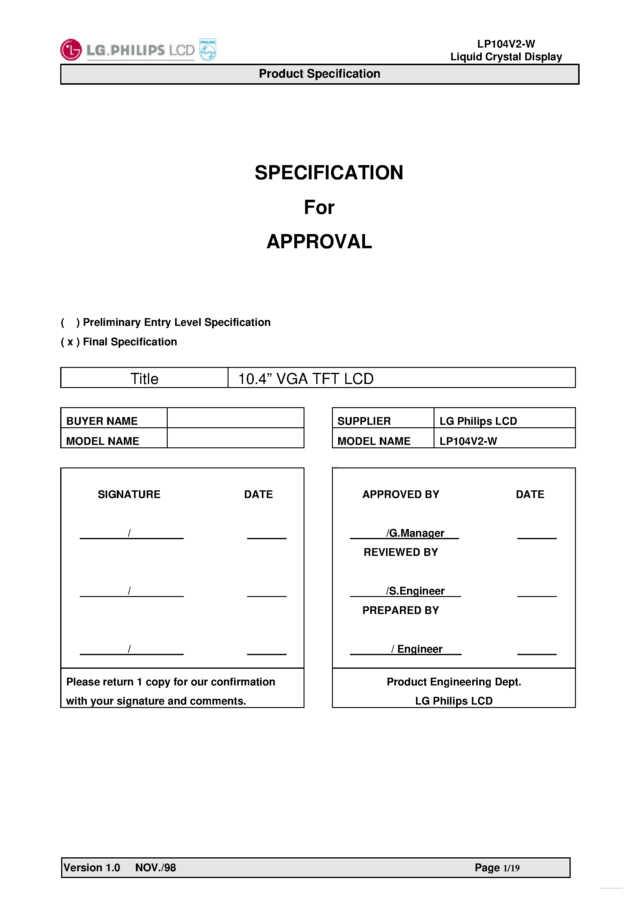 Datasheet LP104V2-W page 1 Datasheet LP104V2-W - Liquid Crystal Display page 1