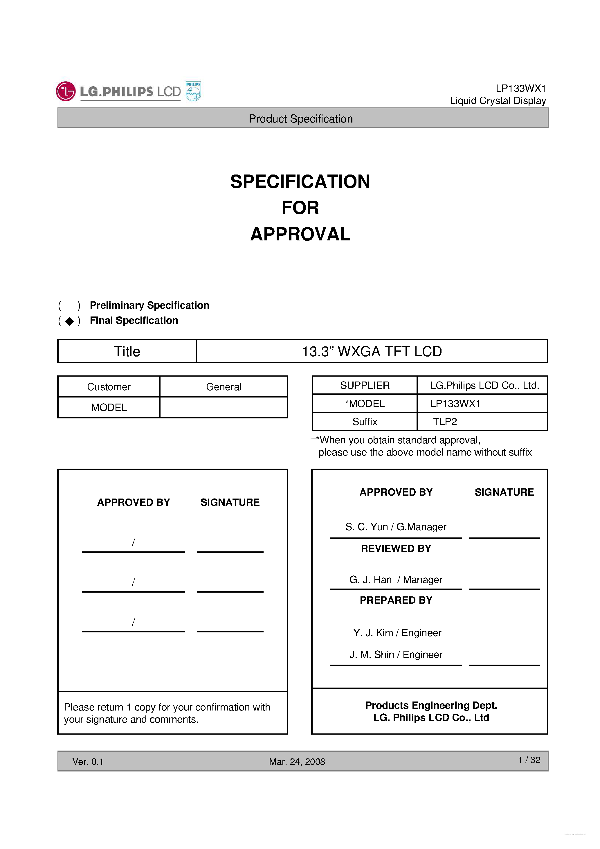 Datasheet LP133WX1-TLP2 page 1 Datasheet LP133WX1-TLP2 - Liquid Crystal Display page 1