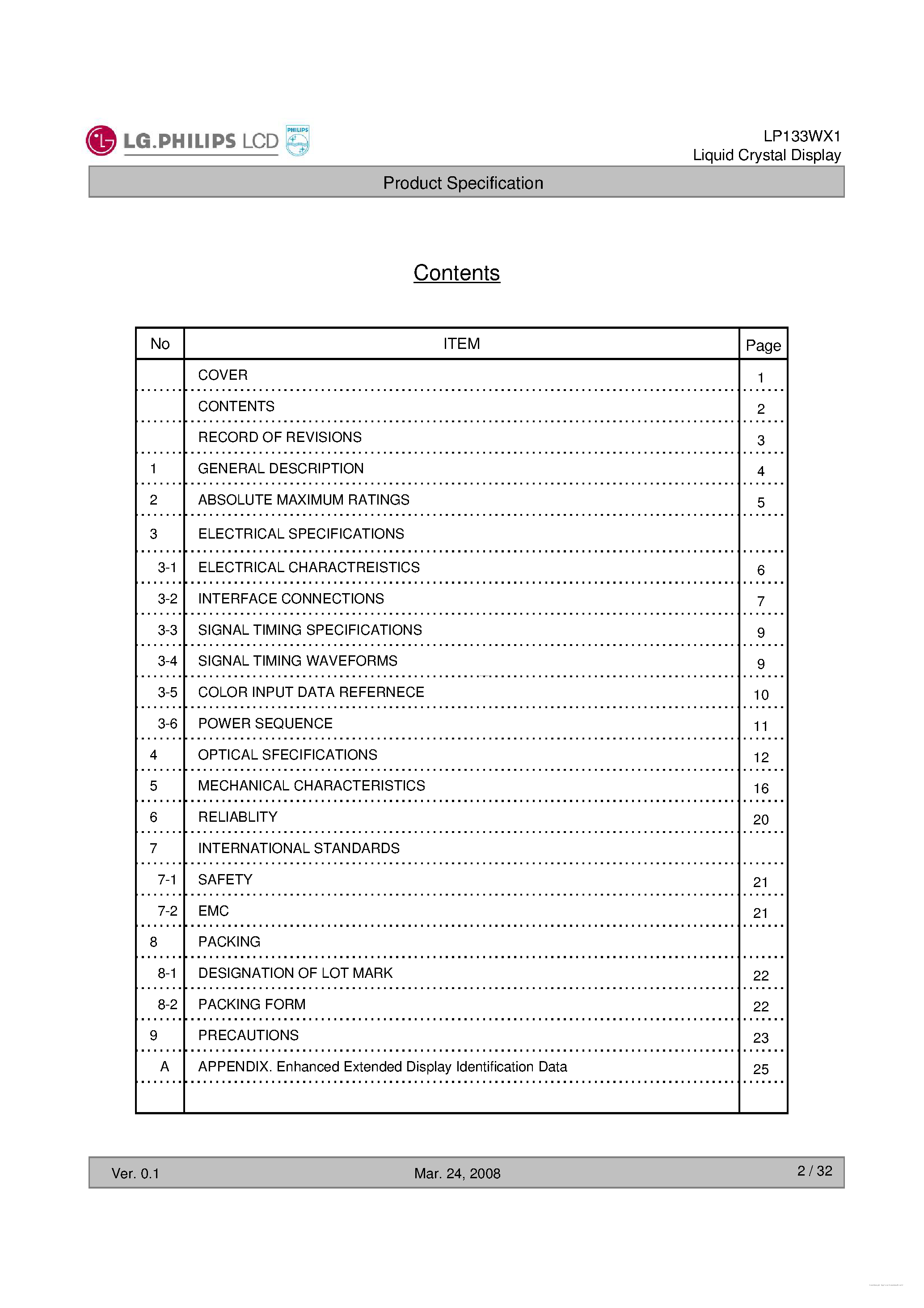 Datasheet LP133WX1-TLP2 page 2 Datasheet LP133WX1-TLP2 - Liquid Crystal Display page 2