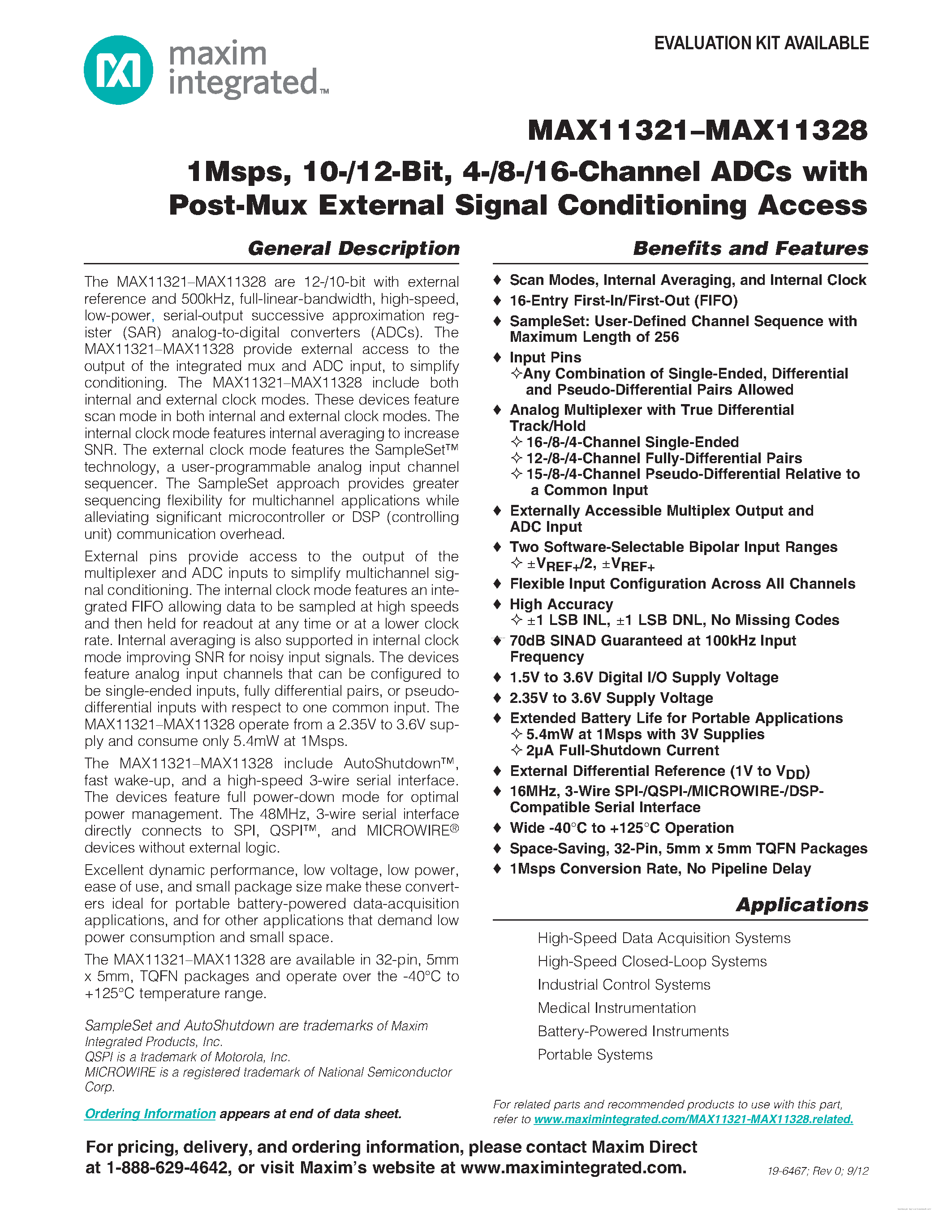Datasheet MAX11321 - (MAX11321 - MAX11328) 4-/8-/16-Channel ADCs page 1