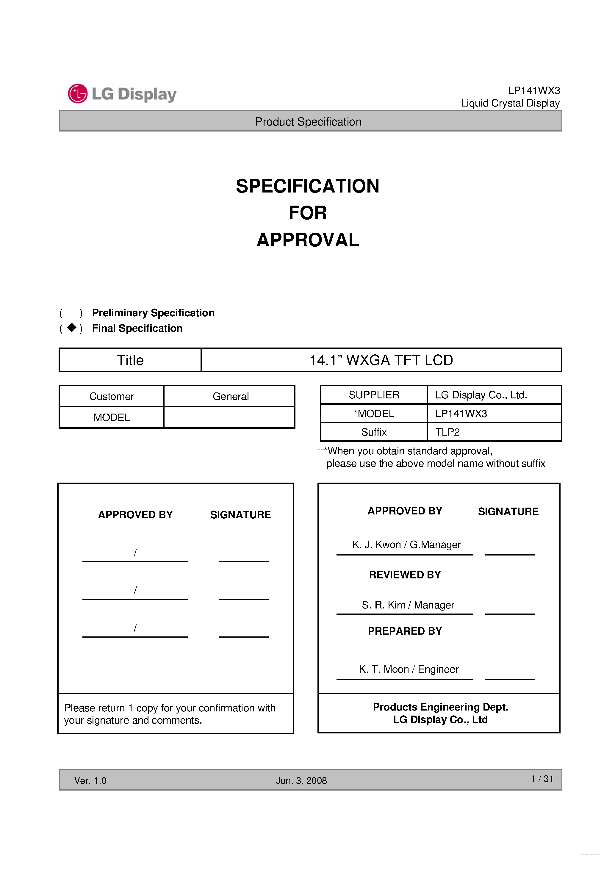 Datasheet LP141WX3-TLP2 page 1 Datasheet LP141WX3-TLP2 - Liquid Crystal Display page 1