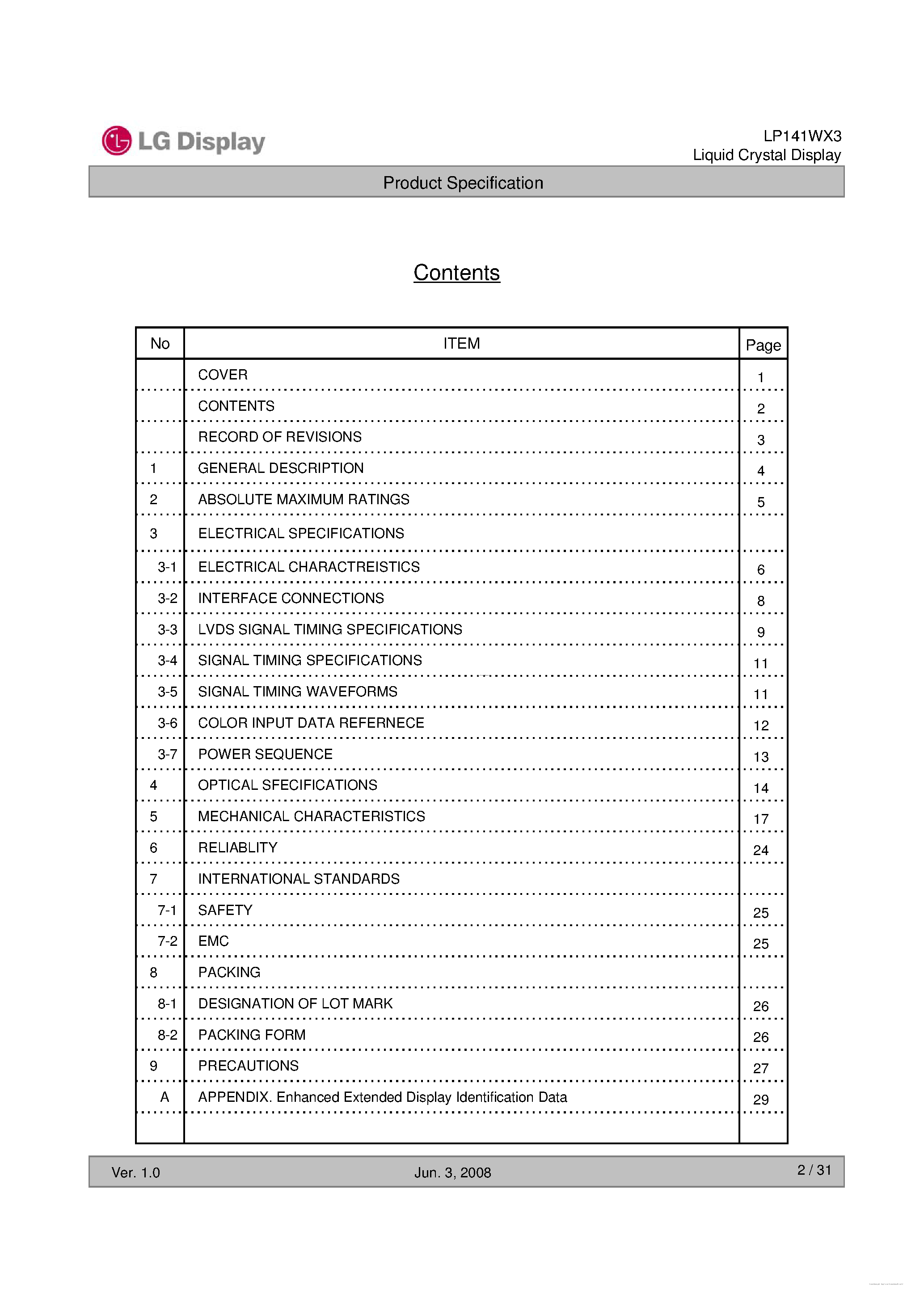 Datasheet LP141WX3-TLP2 page 2 Datasheet LP141WX3-TLP2 - Liquid Crystal Display page 2