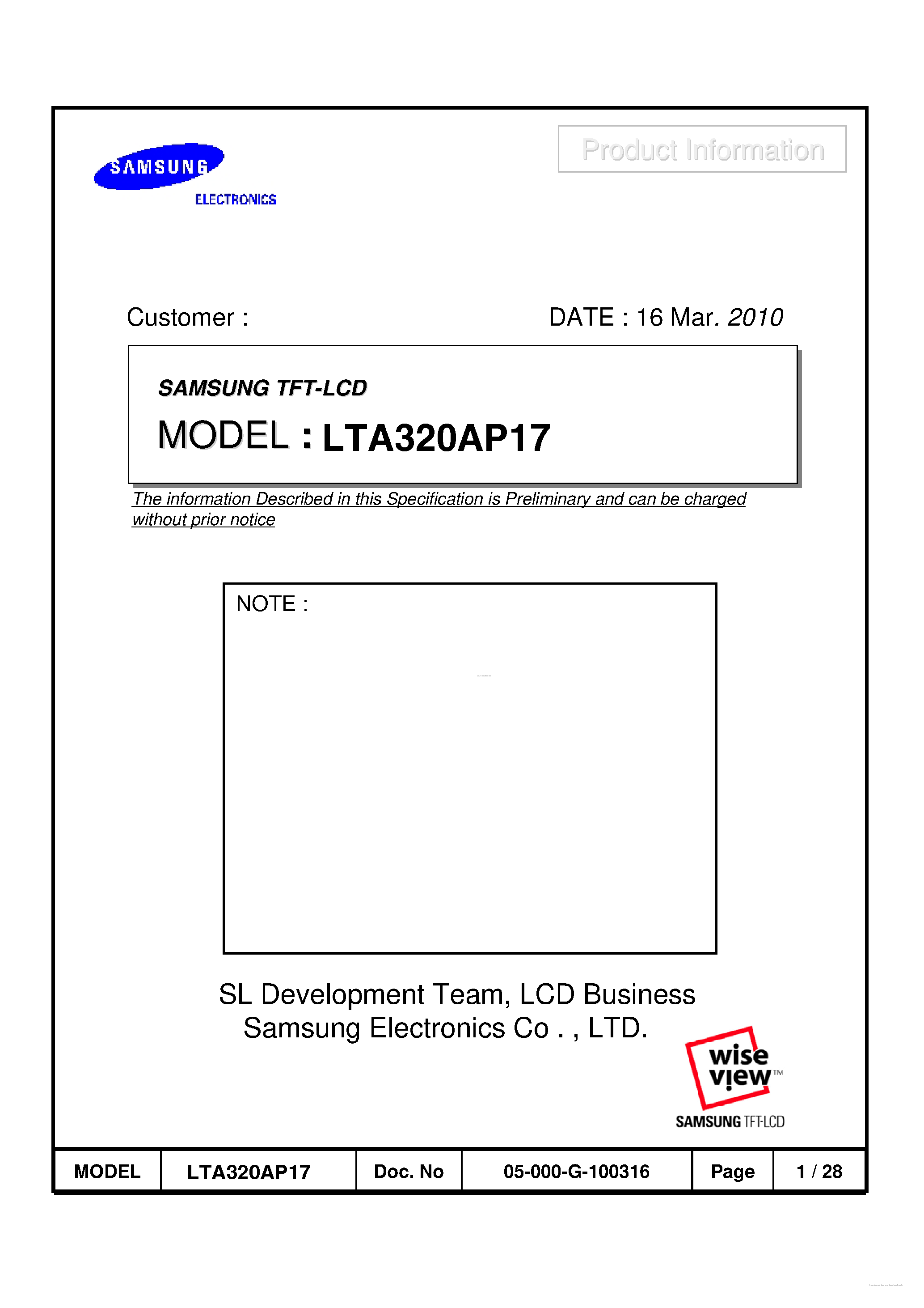 Datasheet LTA320AP17 page 1 Datasheet LTA320AP17 - TFT LCD page 1