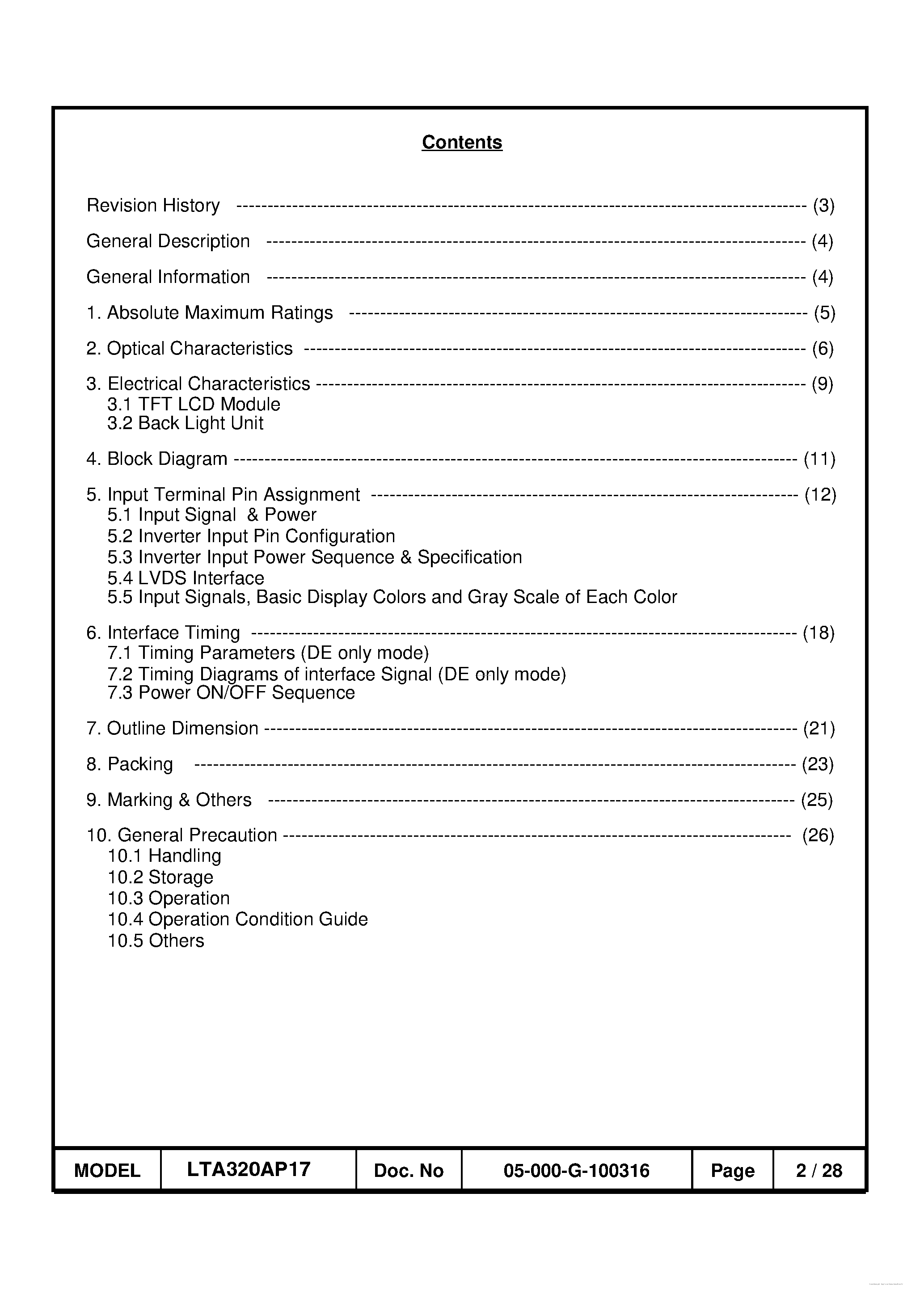 Datasheet LTA320AP17 page 2 Datasheet LTA320AP17 - TFT LCD page 2