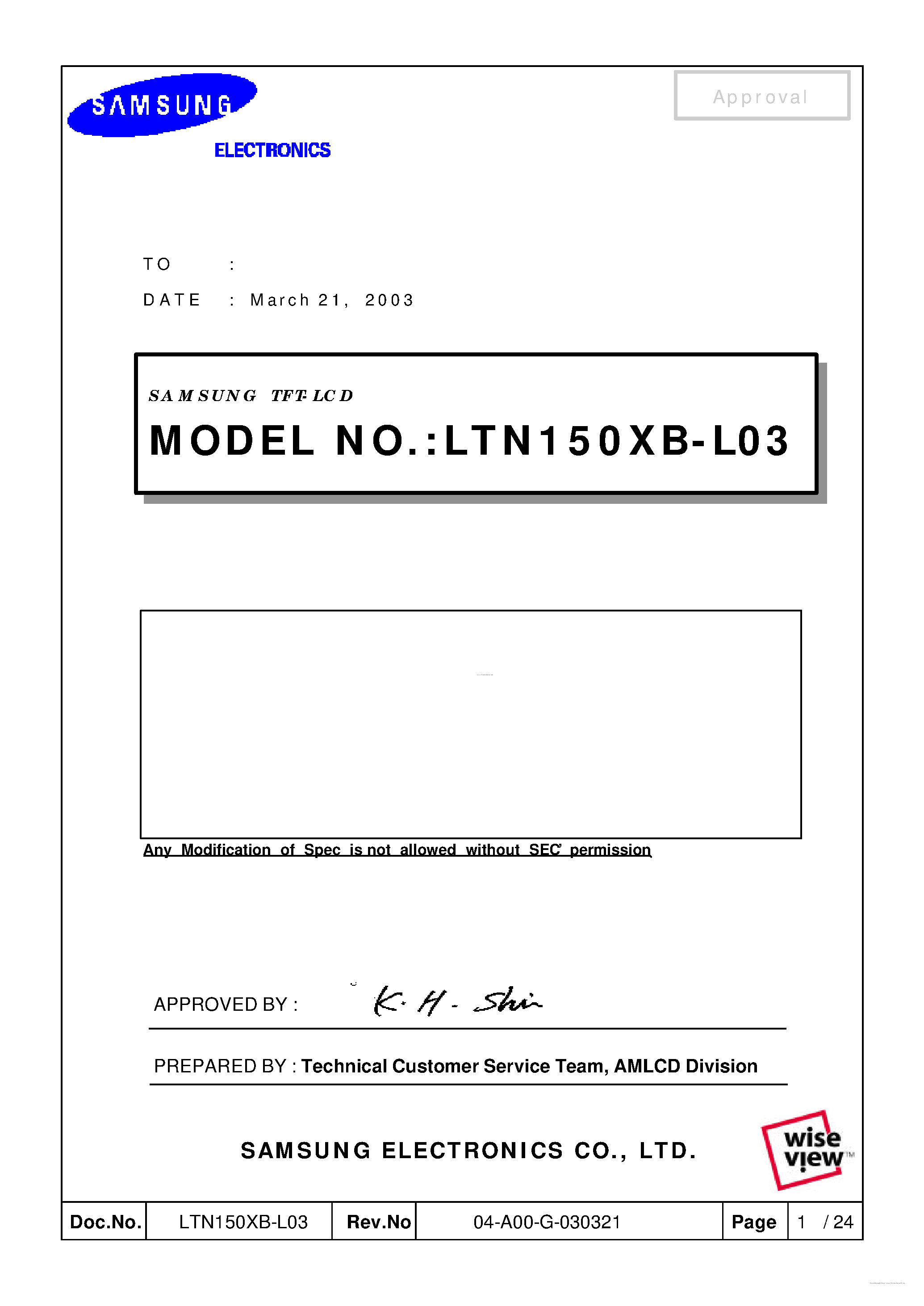 Даташит на микросхему LTN150XB-L03 страница 1 Даташит LTN150XB-L03 - TFT LCD страница 1