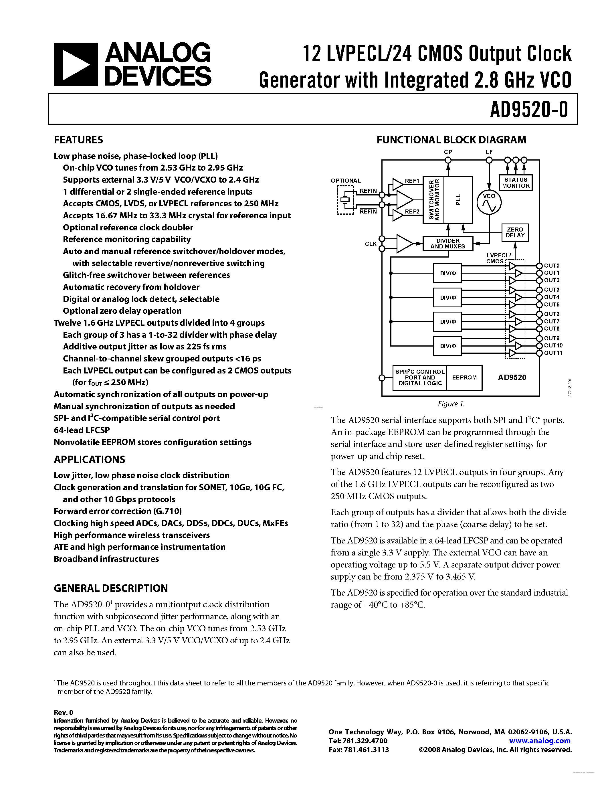 Datasheet AD9520-0 page 1 Datasheet AD9520-0 - page 1