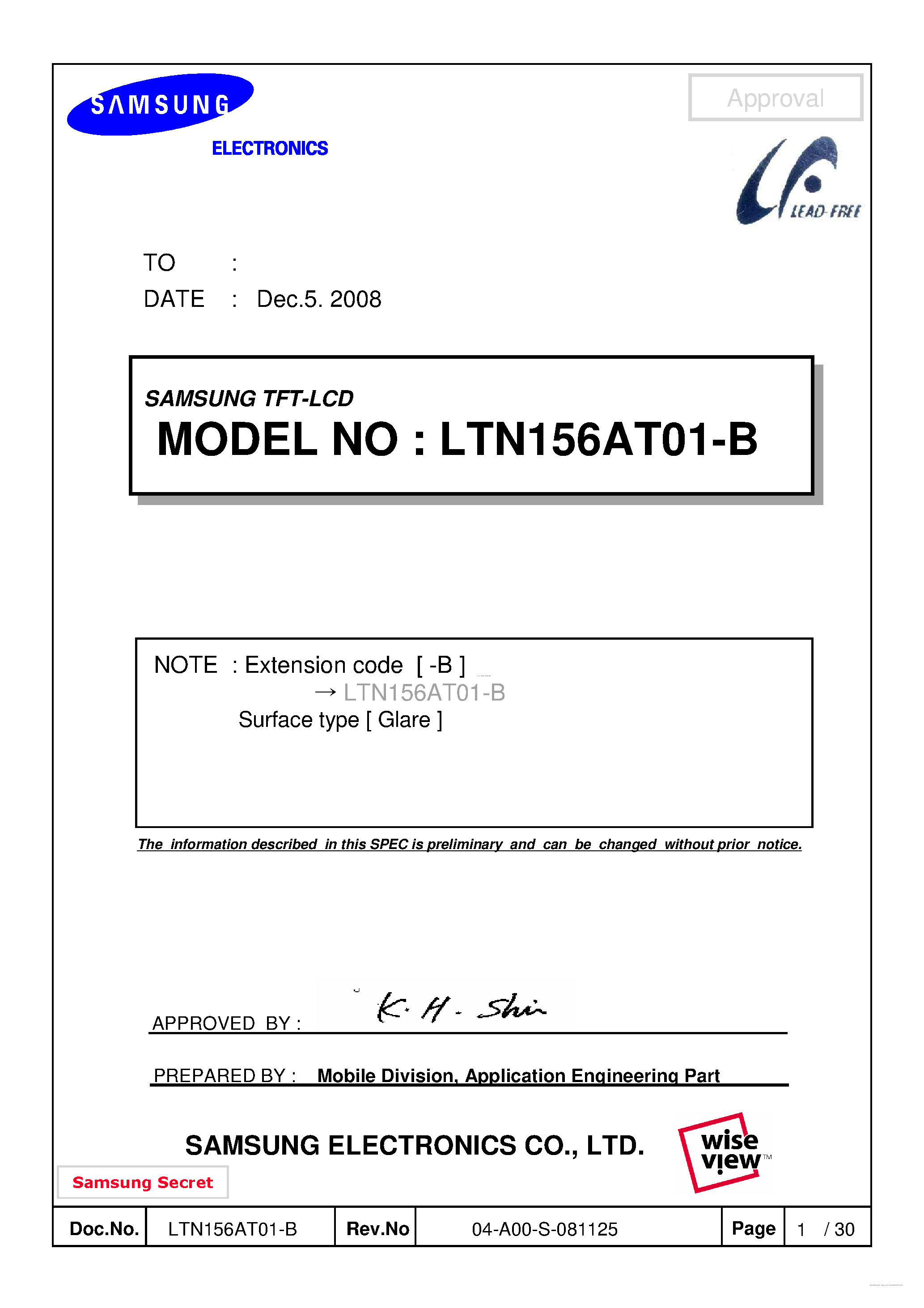 Даташит LTN156AT01-B - Display Module страница 1
