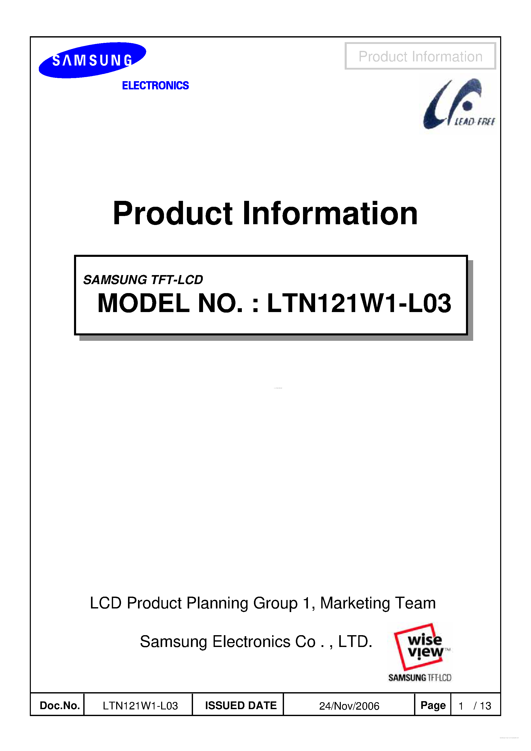 Даташит LTN121W1-L03 - Display Module страница 1