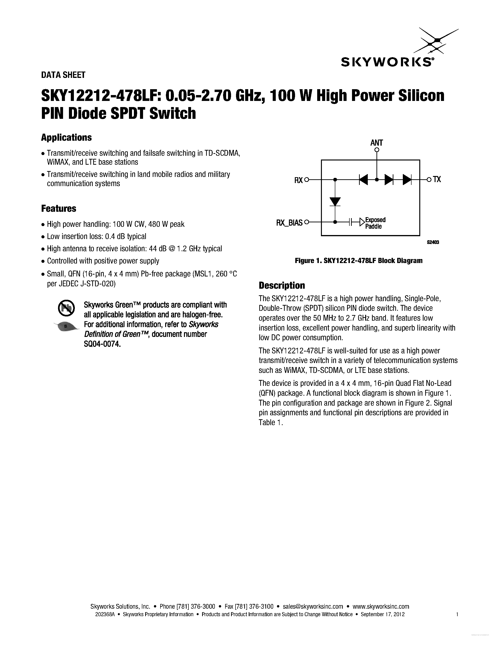 Даташит SKY12212-478LF - 100 W High Power Silicon PIN Diode SPDT Switch страница 1