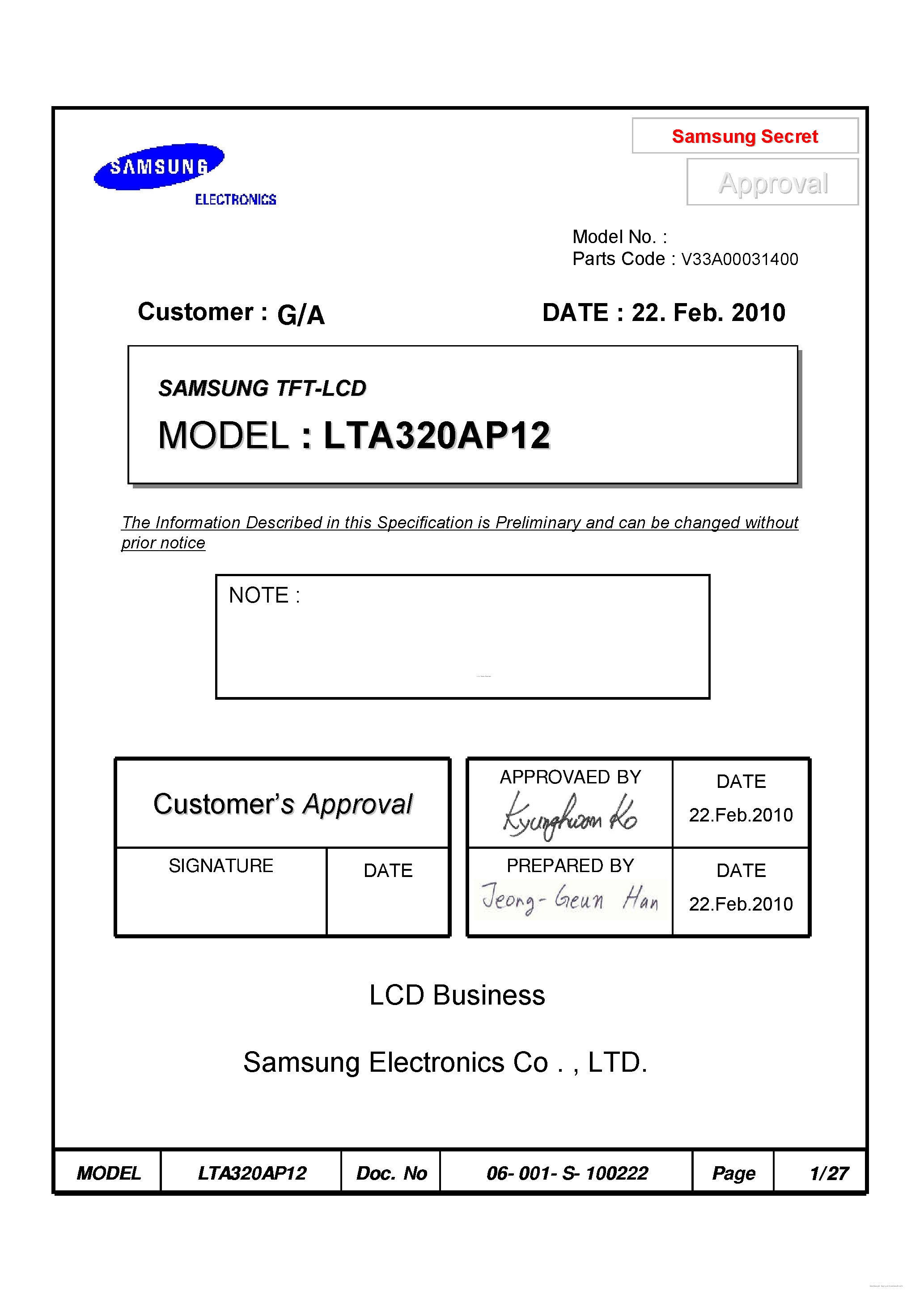 Datasheet LTA320AP12 page 1 Datasheet LTA320AP12 - Display Module page 1