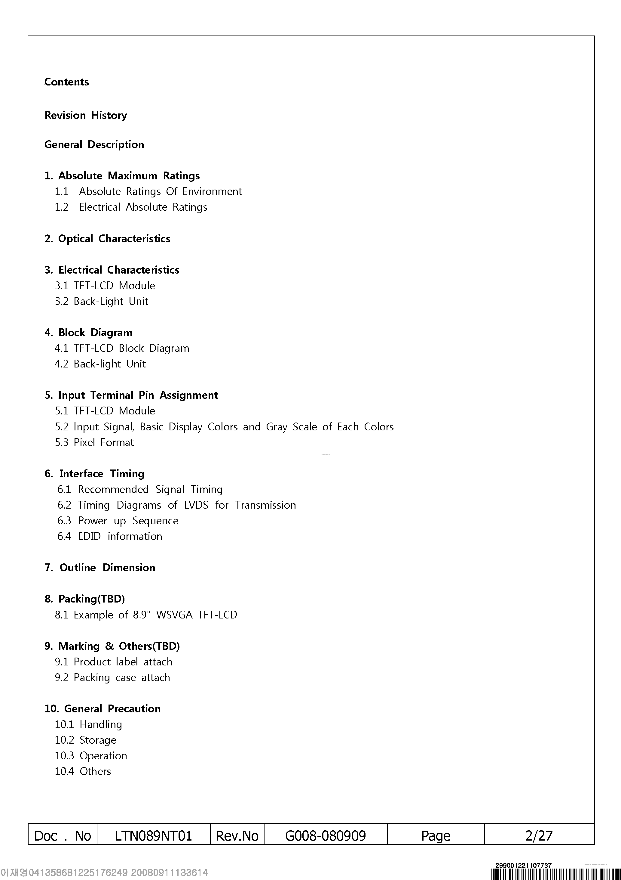 Datasheet LTN089NT01 page 2 Datasheet LTN089NT01 - Display Module page 2