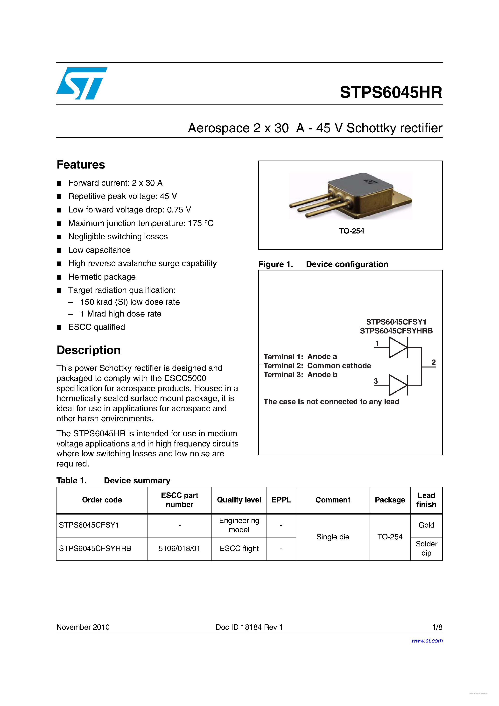Datasheet STPS6045HR - page 1