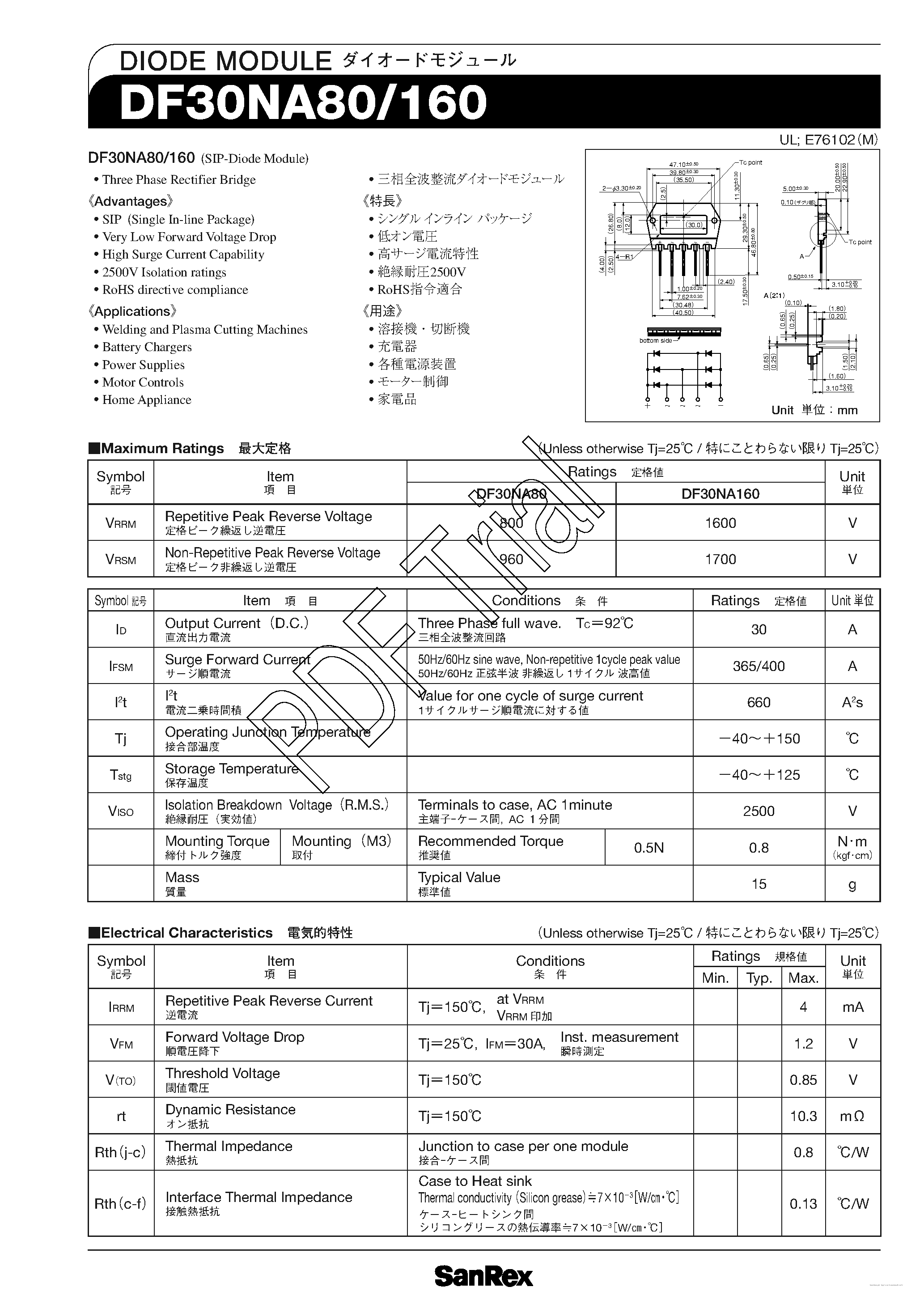 Даташит DF30NA160 - (DF30NA160/80) Three Phase Rectifier Bridge страница 1