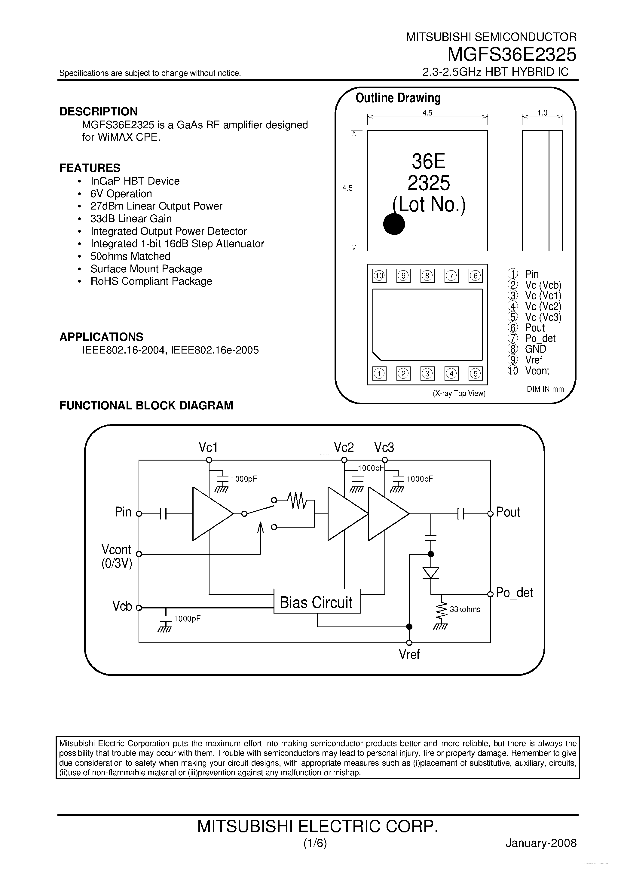 Datasheet MGFS36E2325 - 2.3-2.5GHz HBT HYBRID IC page 1