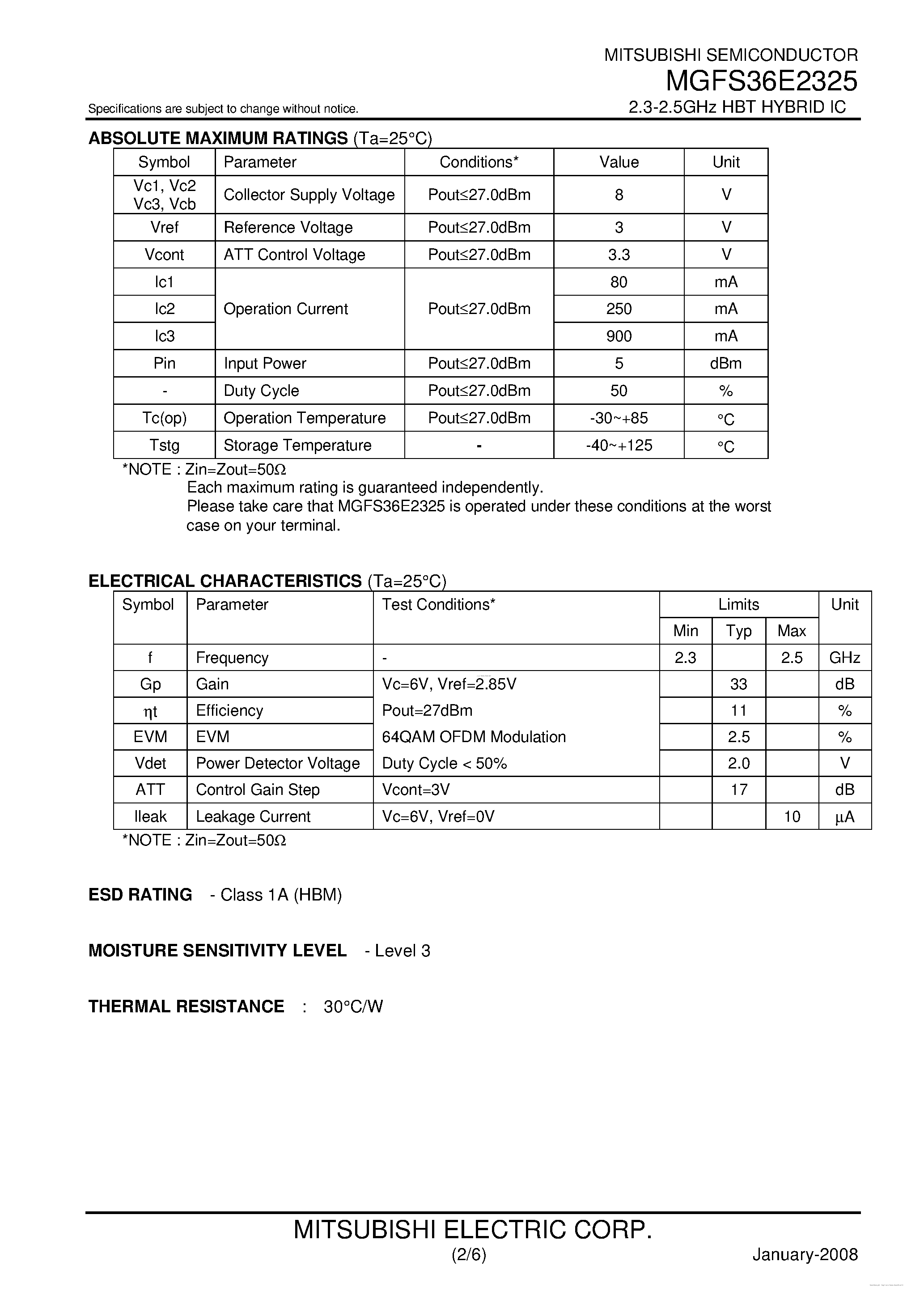 Datasheet MGFS36E2325 - 2.3-2.5GHz HBT HYBRID IC page 2