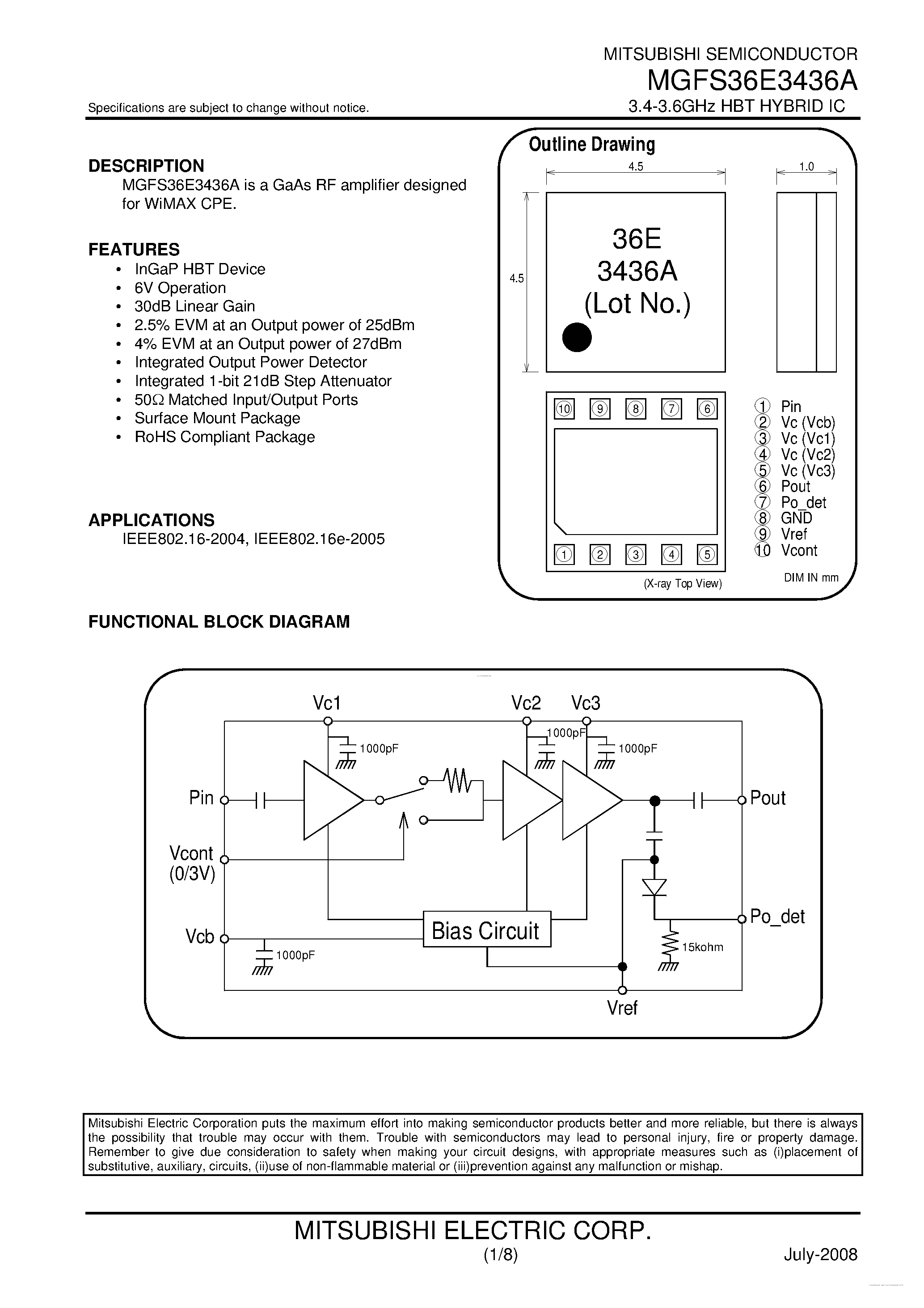 Datasheet MGFS36E3436A - 3.4-3.6GHz HBT HYBRID IC page 1