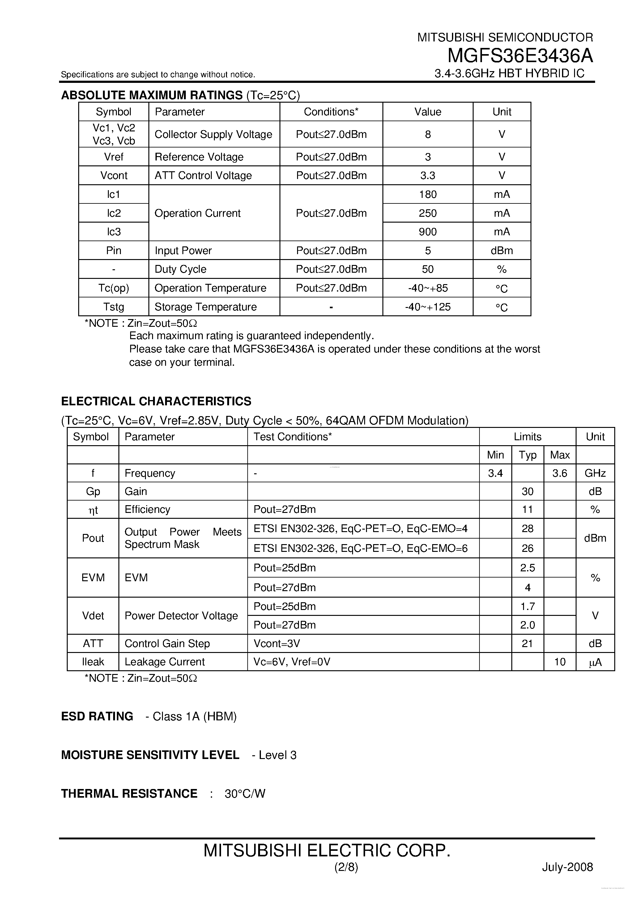 Datasheet MGFS36E3436A - 3.4-3.6GHz HBT HYBRID IC page 2