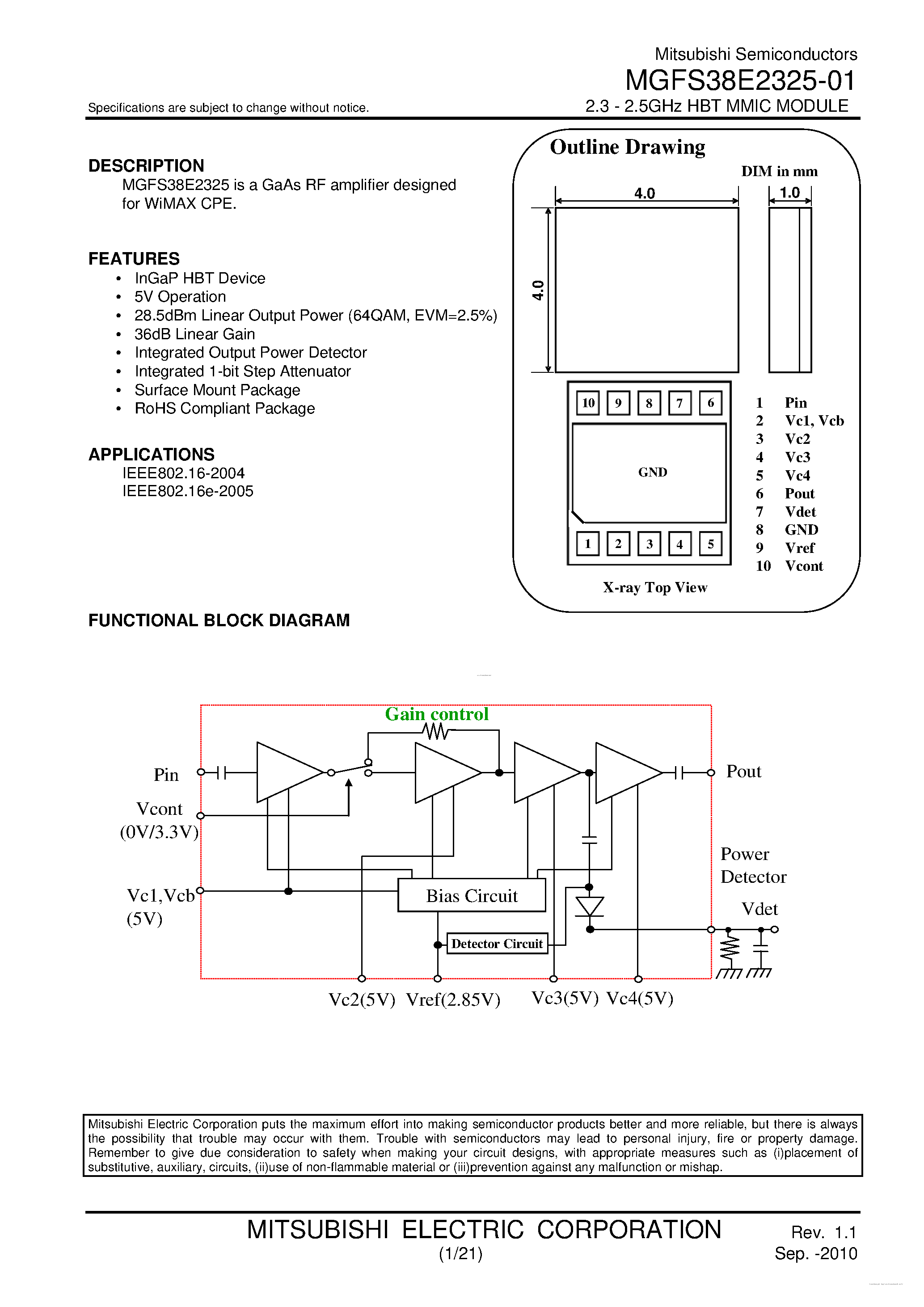 Datasheet MGFS38E2325-01 - 2.3 - 2.5GHz HBT MMIC MODULE page 1