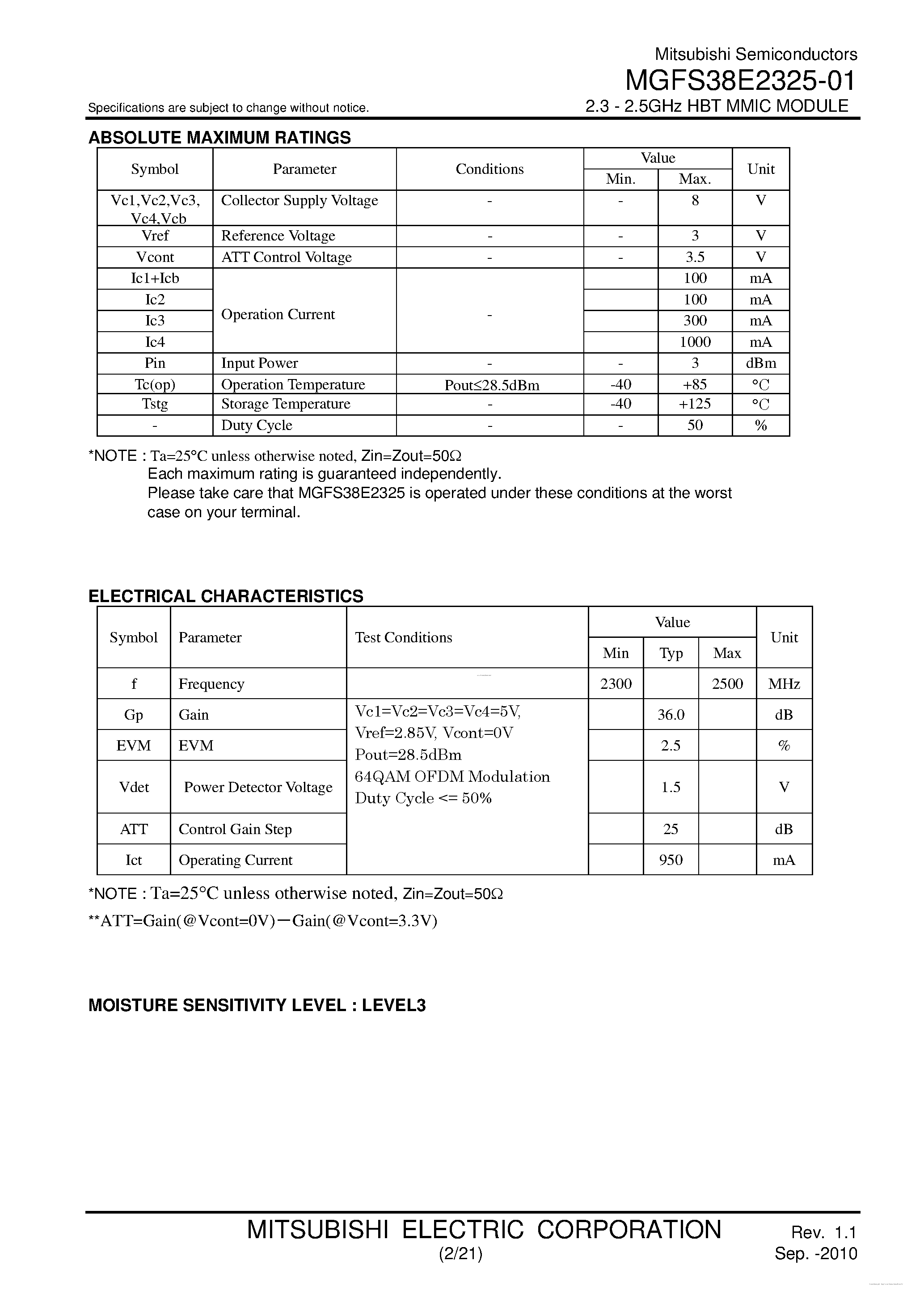 Datasheet MGFS38E2325-01 - 2.3 - 2.5GHz HBT MMIC MODULE page 2