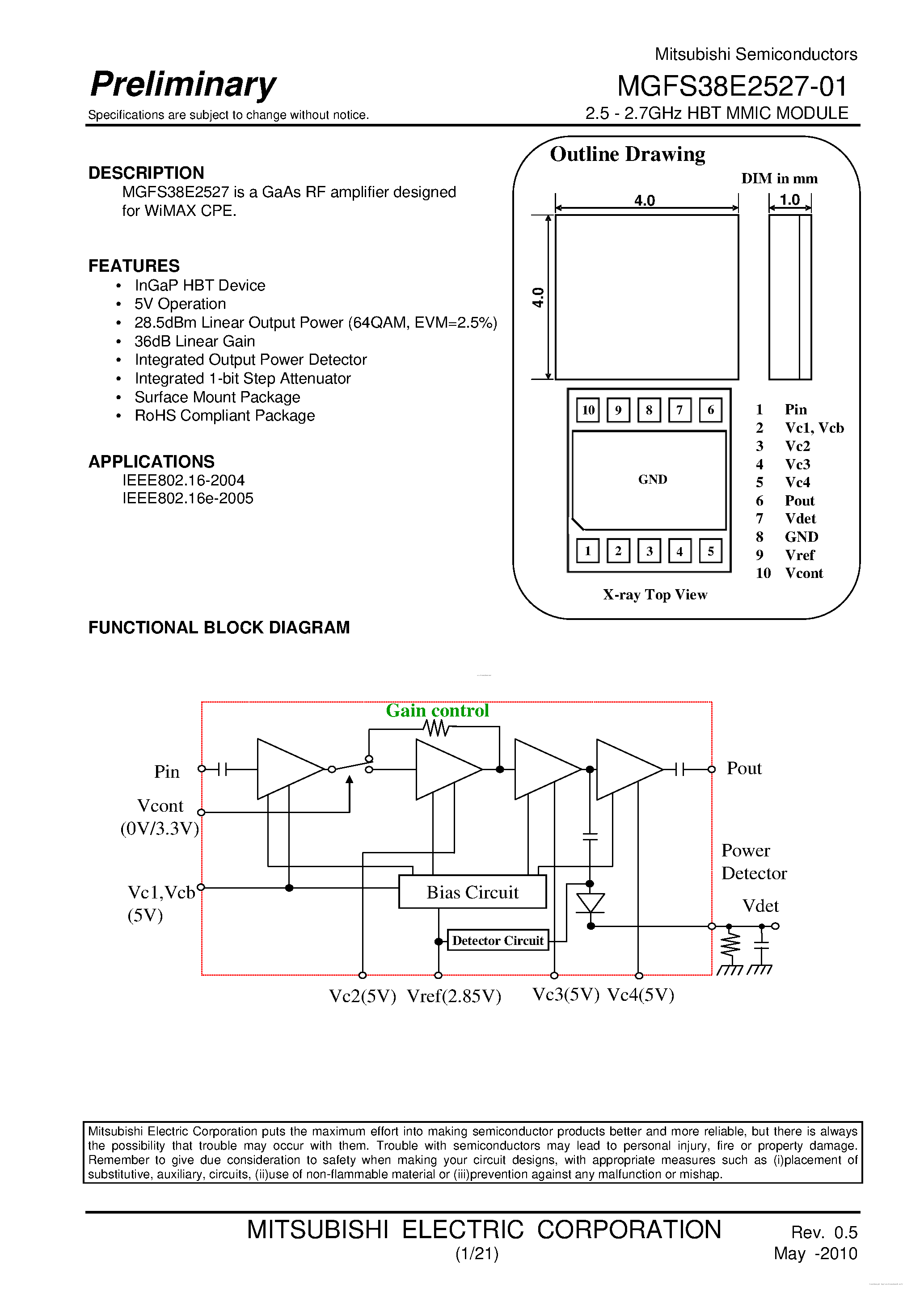Datasheet MGFS38E2527-01 - 2.5 - 2.7GHz HBT MMIC MODULE page 1