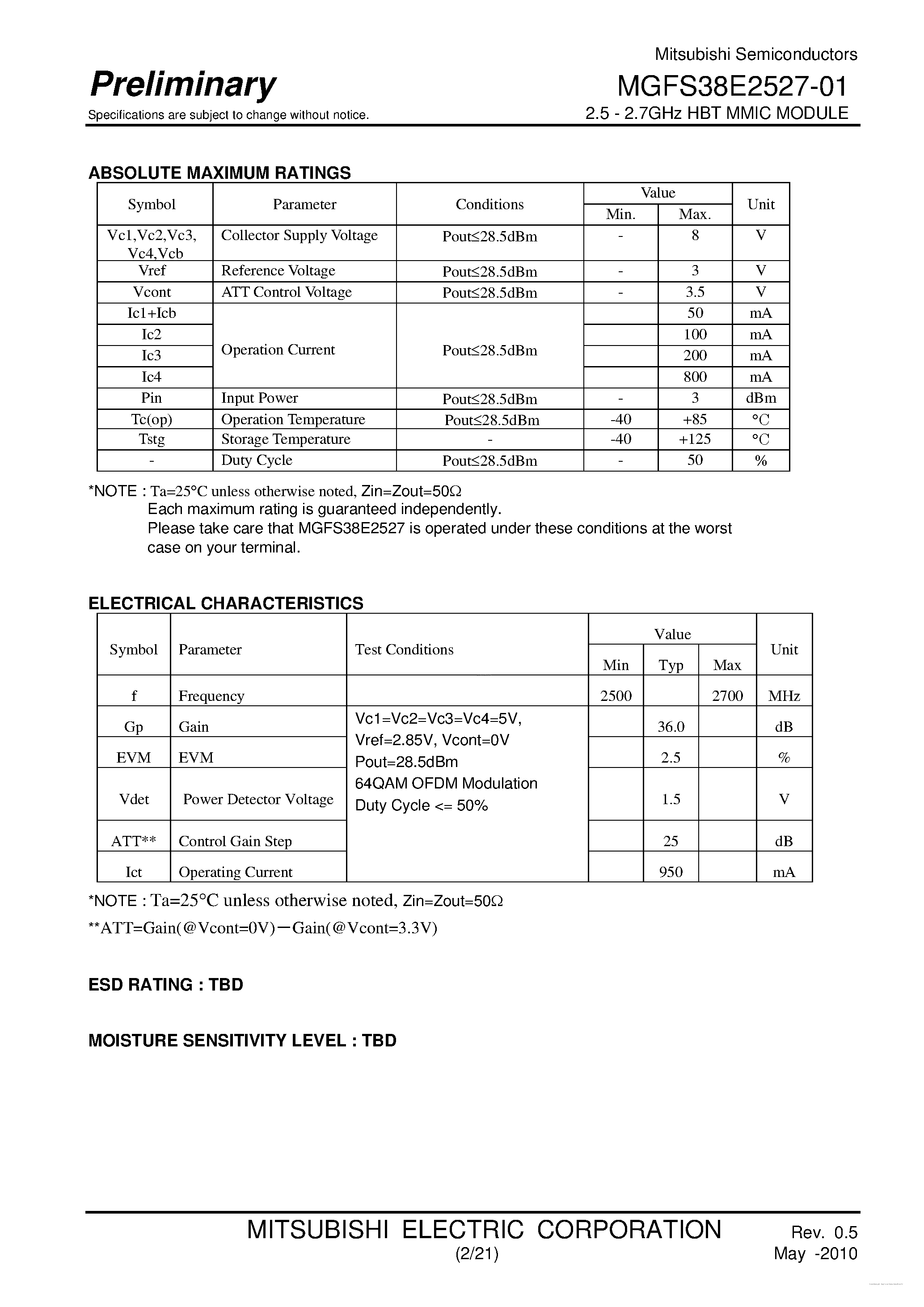 Datasheet MGFS38E2527-01 - 2.5 - 2.7GHz HBT MMIC MODULE page 2