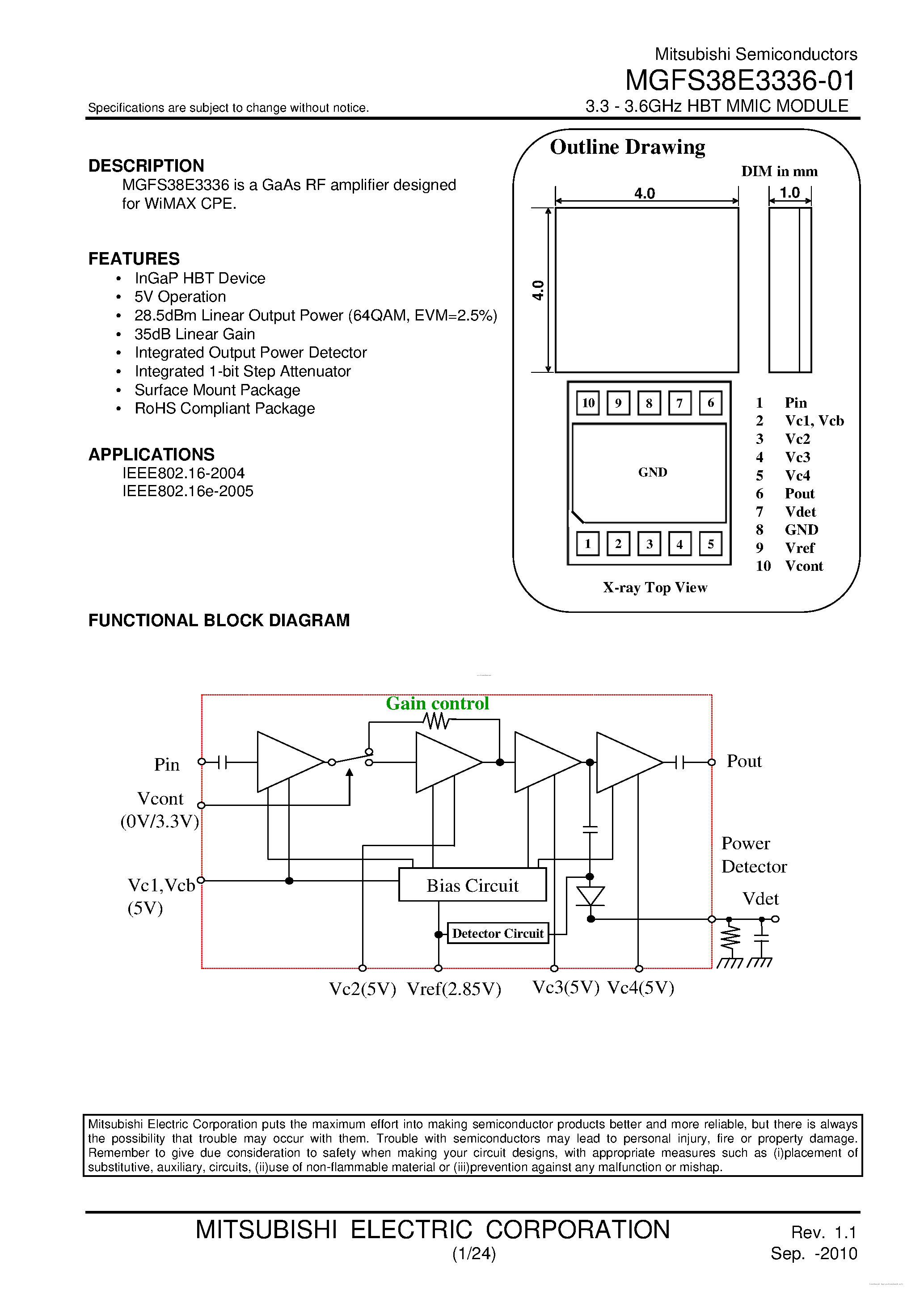 Datasheet MGFS38E3336-01 page 1 Datasheet MGFS38E3336-01 - 3.3 - 3.6GHz HBT MMIC MODULE page 1