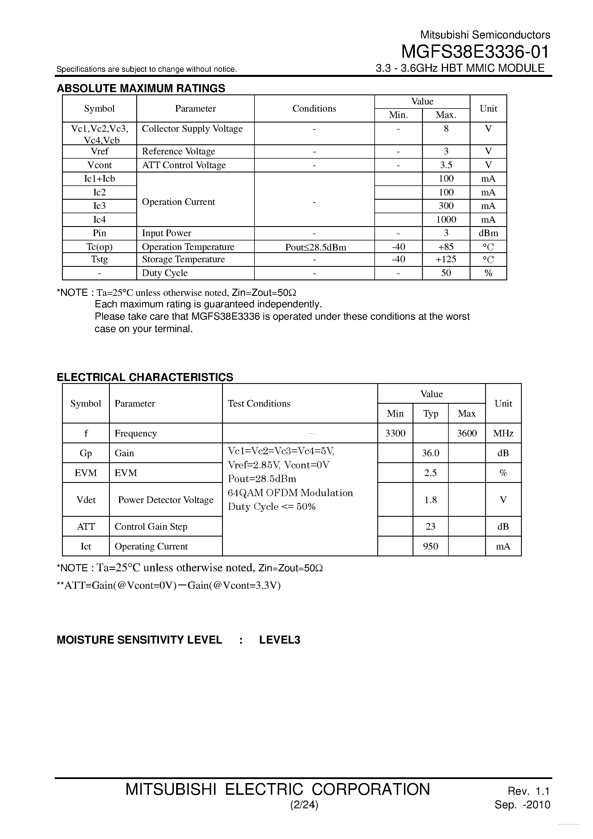 Datasheet MGFS38E3336-01 page 2 Datasheet MGFS38E3336-01 - 3.3 - 3.6GHz HBT MMIC MODULE page 2