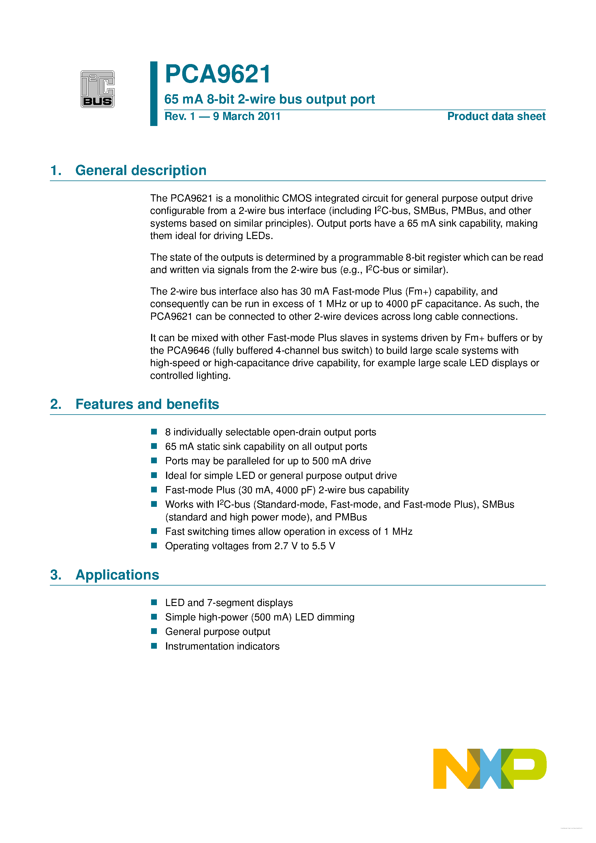 Datasheet PCA9621 - 65 mA 8-bit 2-wire bus output port page 1