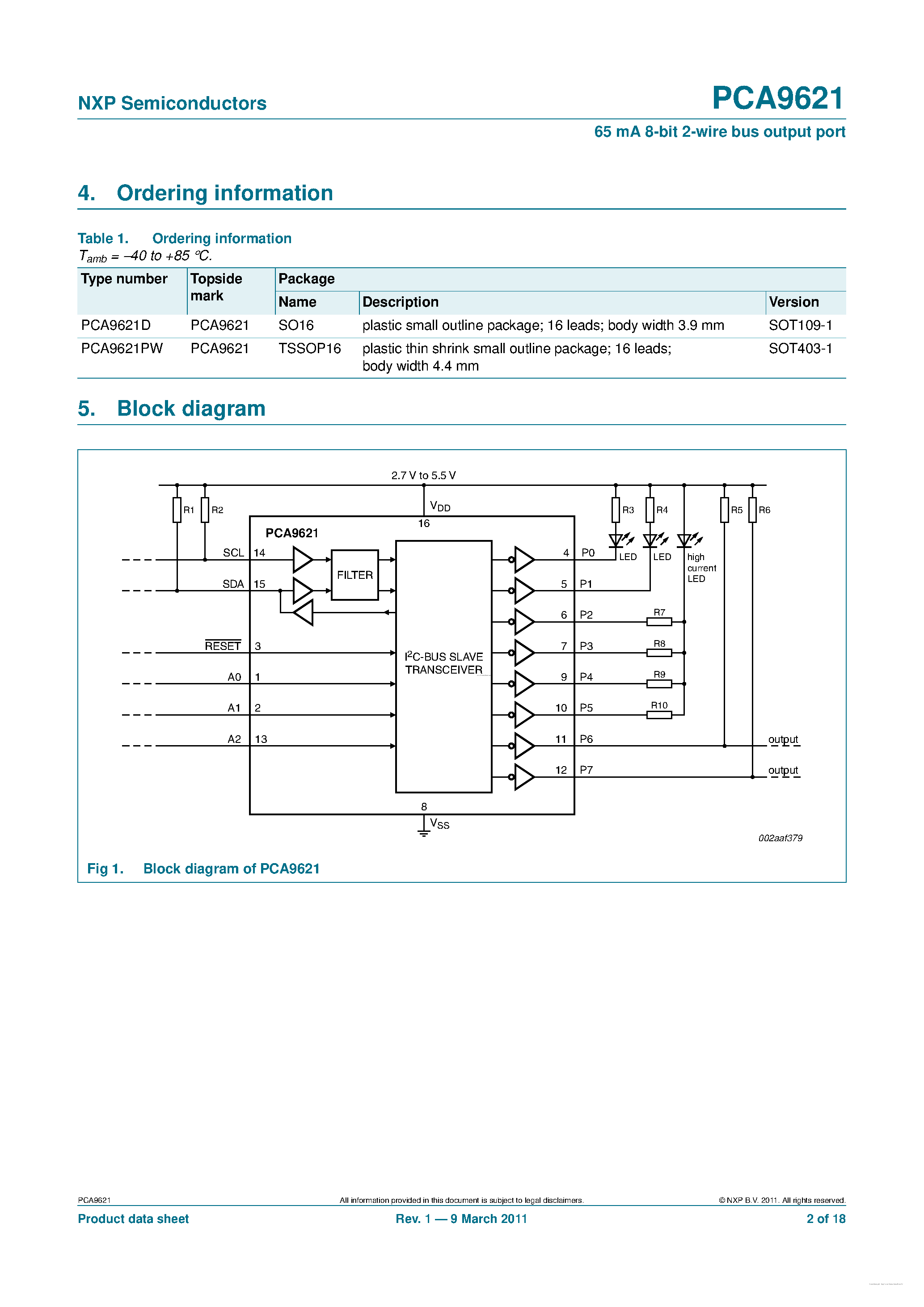 Datasheet PCA9621 - 65 mA 8-bit 2-wire bus output port page 2