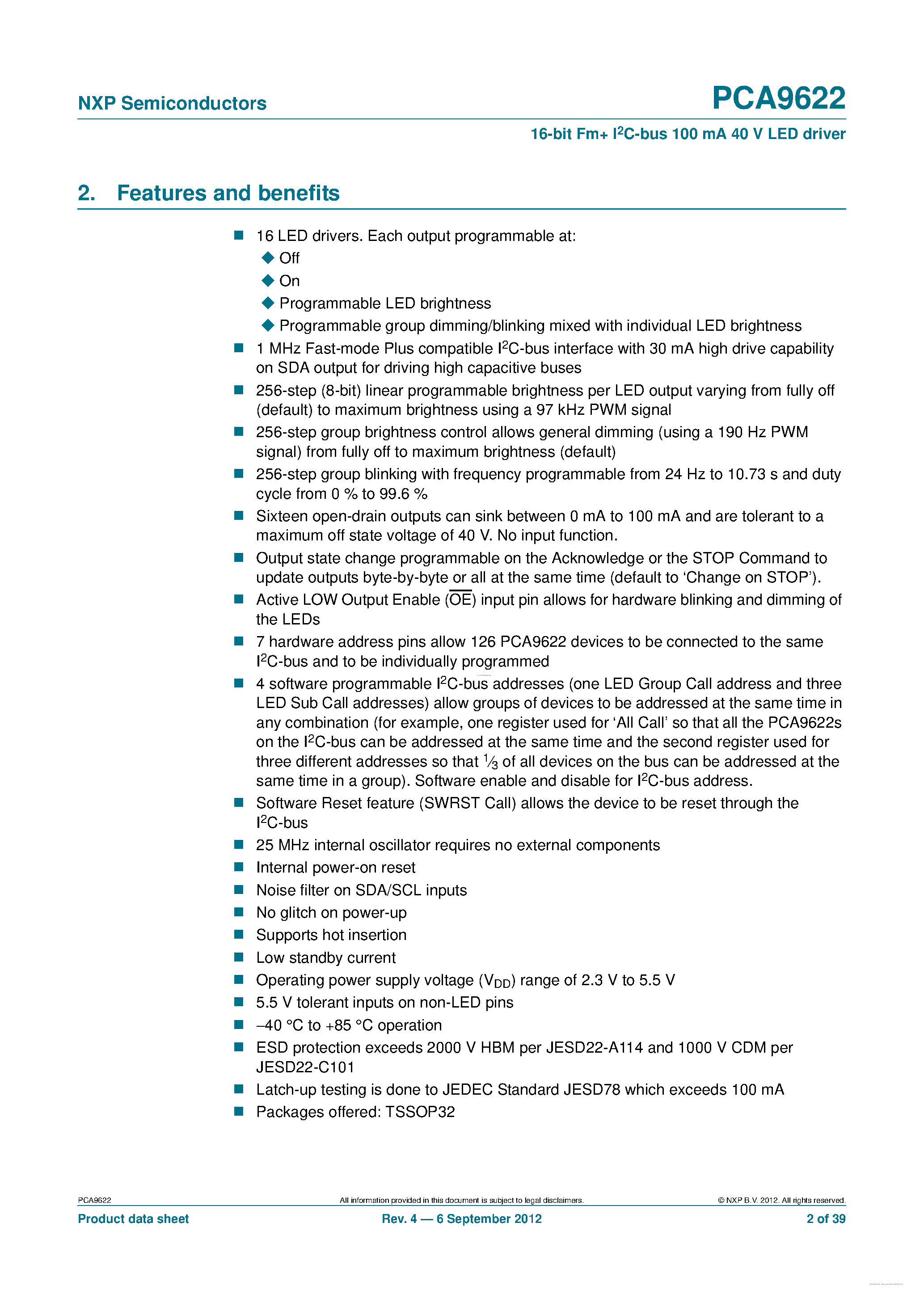 Даташит PCA9622 - 16-bit Fm I2C-bus 100 mA 40 V LED driver страница 2