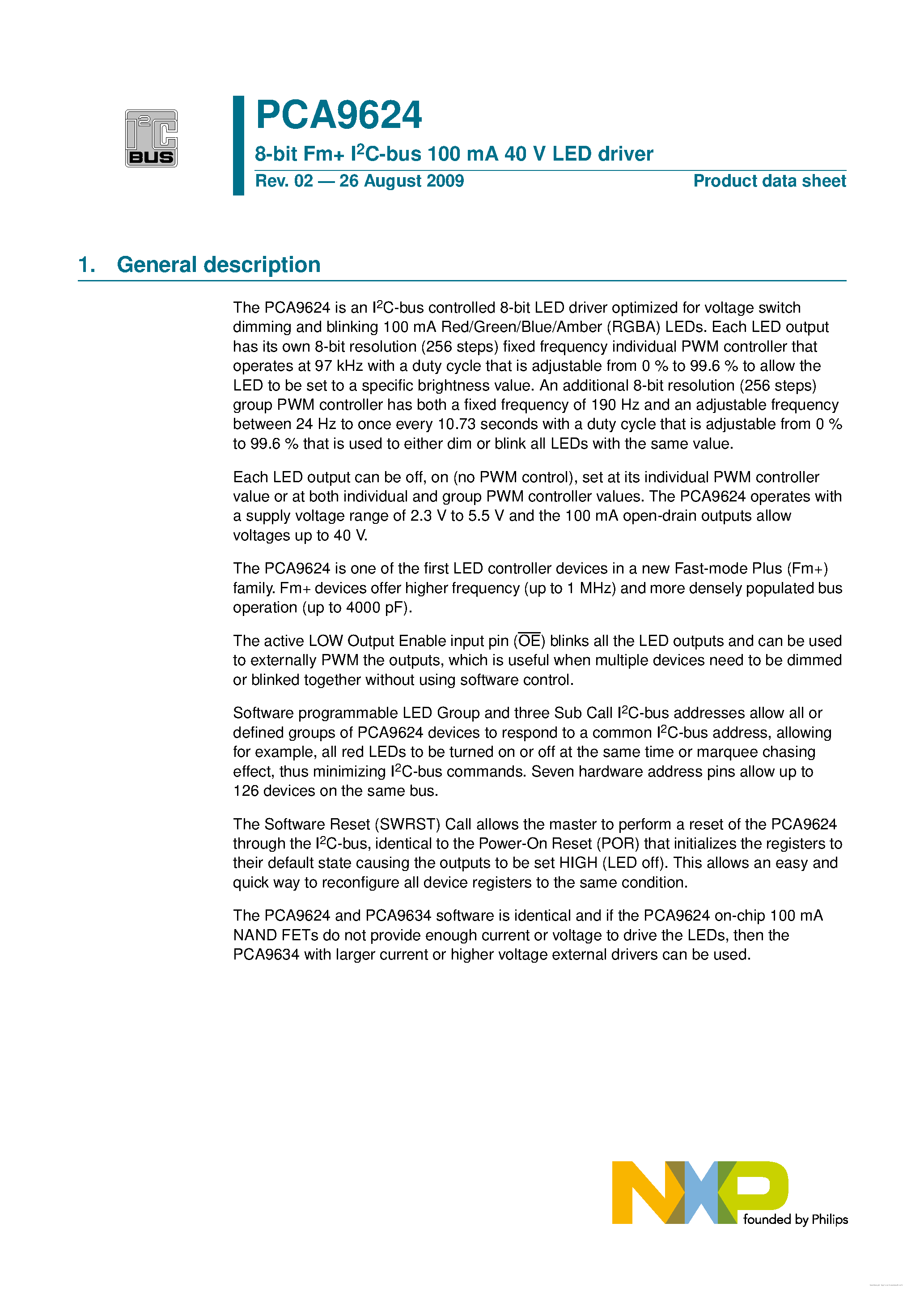Даташит PCA9624 - 8-bit Fm I2C-bus 100 mA 40 V LED driver страница 1