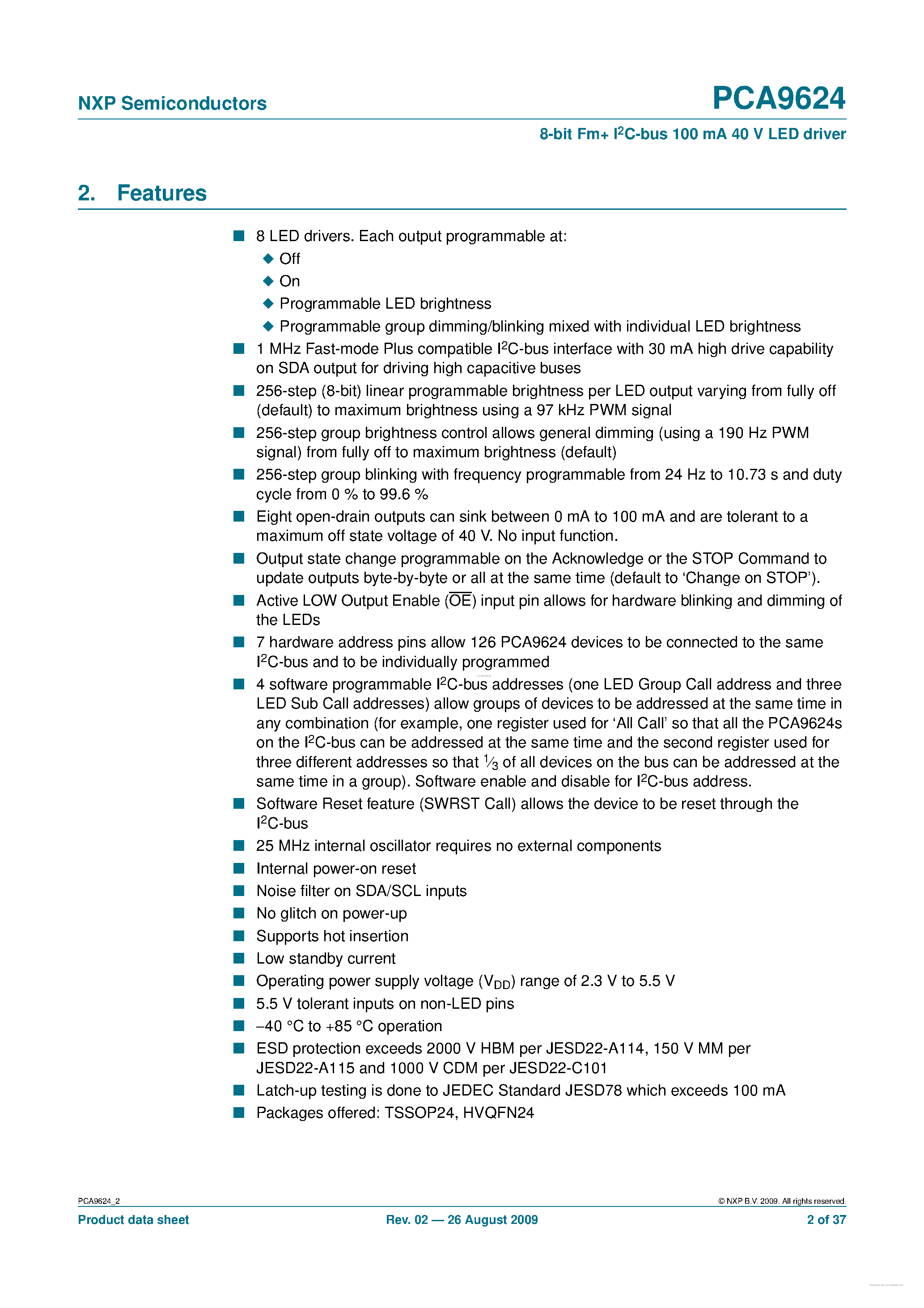 Даташит PCA9624 - 8-bit Fm I2C-bus 100 mA 40 V LED driver страница 2