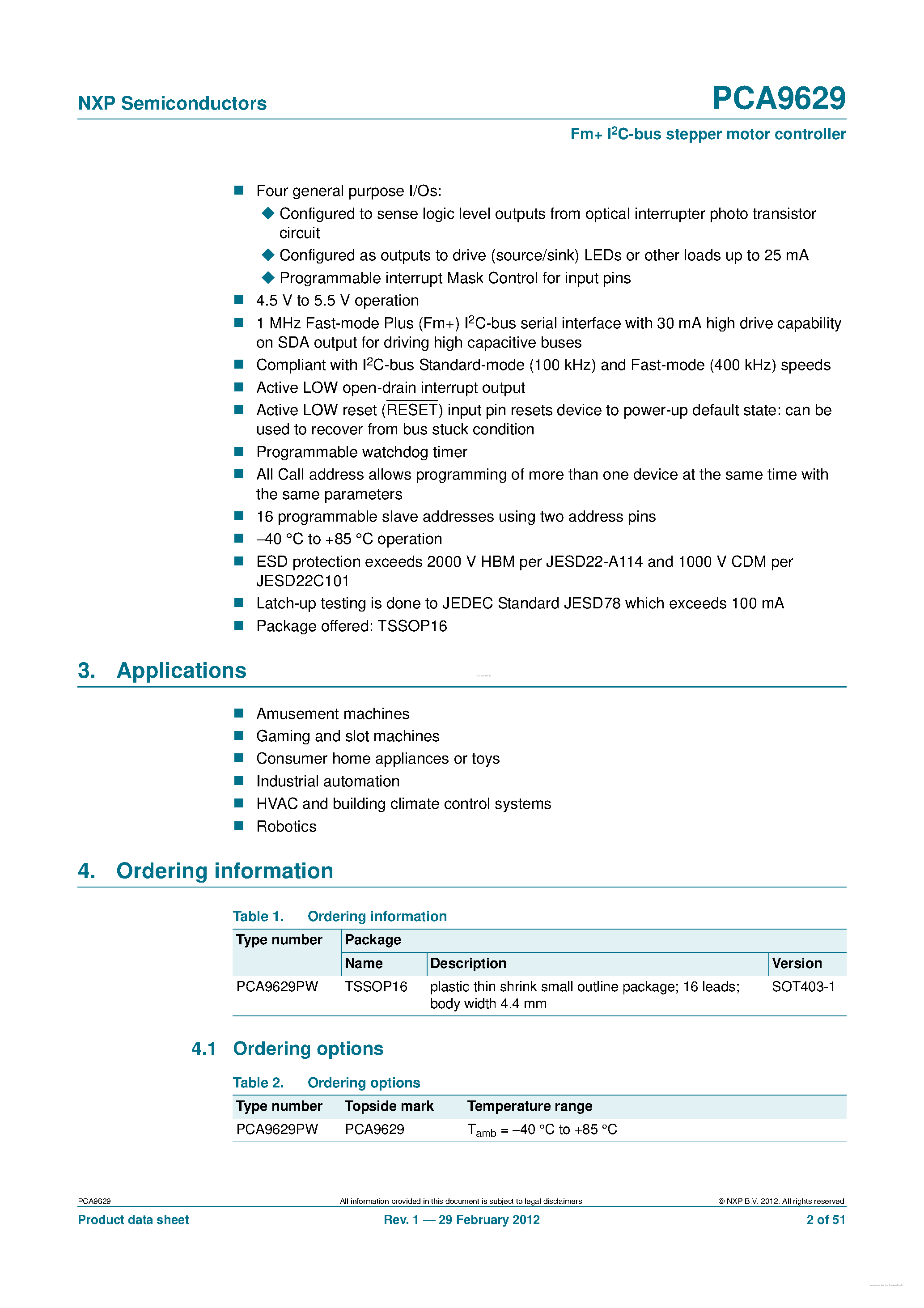Даташит PCA9629 - Fm+ I2C-bus stepper motor controller страница 2