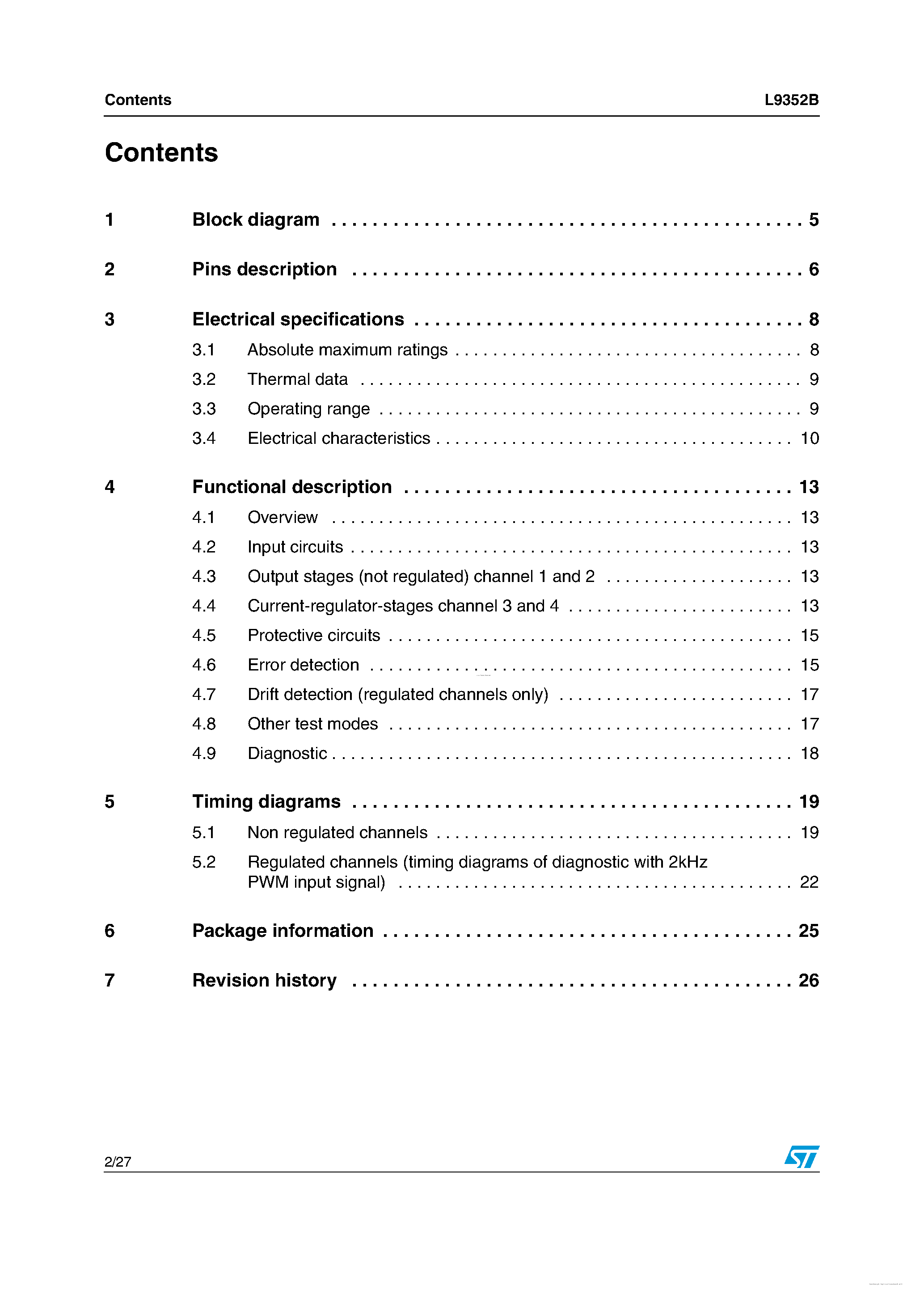 Datasheet L9352B - Intelligent quad (2 x 5A / 2 x 2.5A) low-side switch page 2