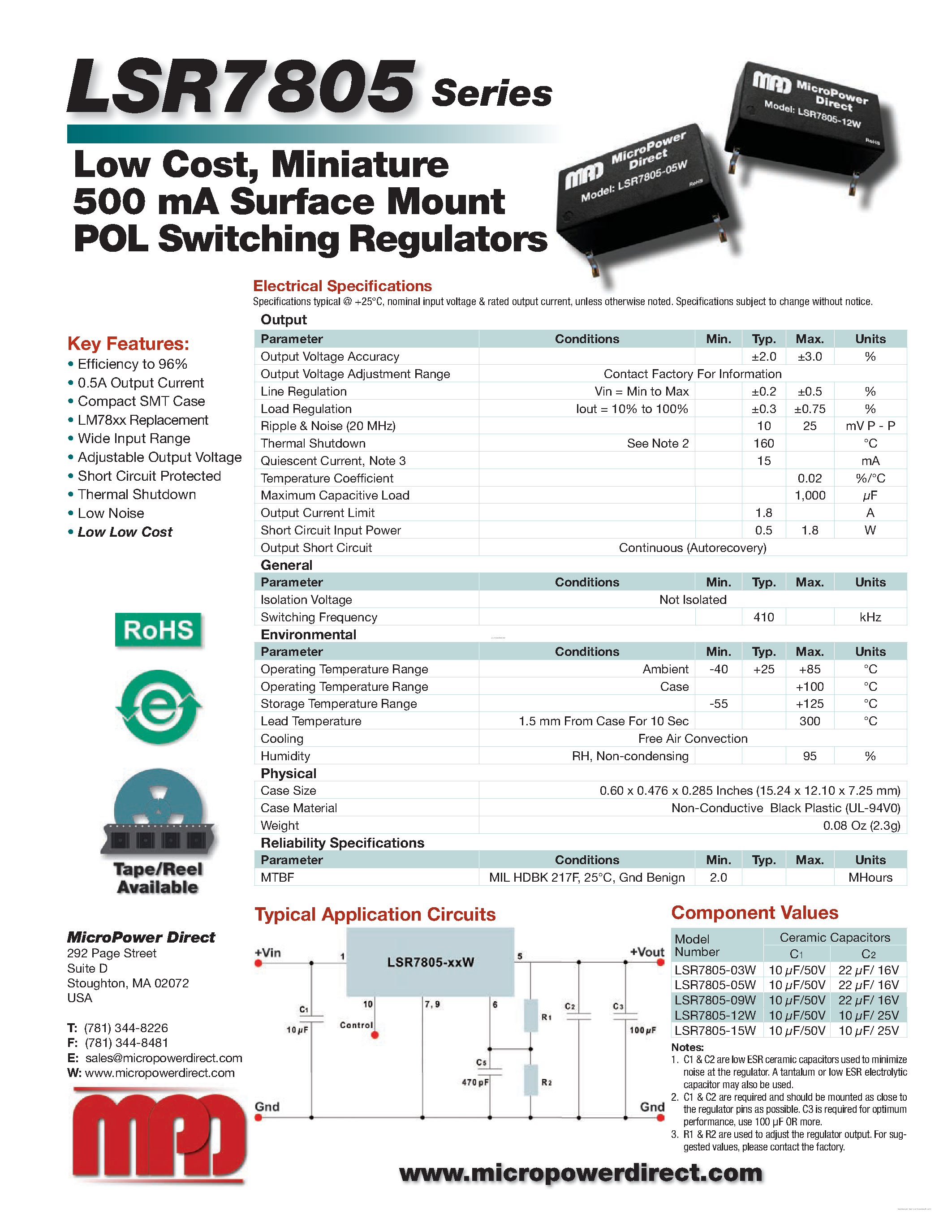 Datasheet LSR7805 - Miniature 500 mA Surface Mount POL Switching Regulators page 1