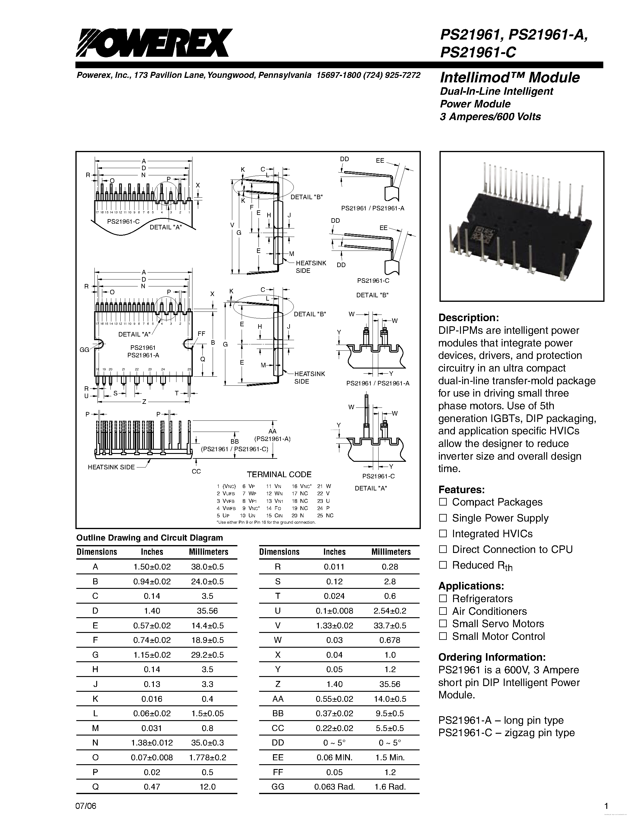 Datasheet PS21961 page 1 Datasheet PS21961 - Dual-In-Line Intelligent Power Module page 1