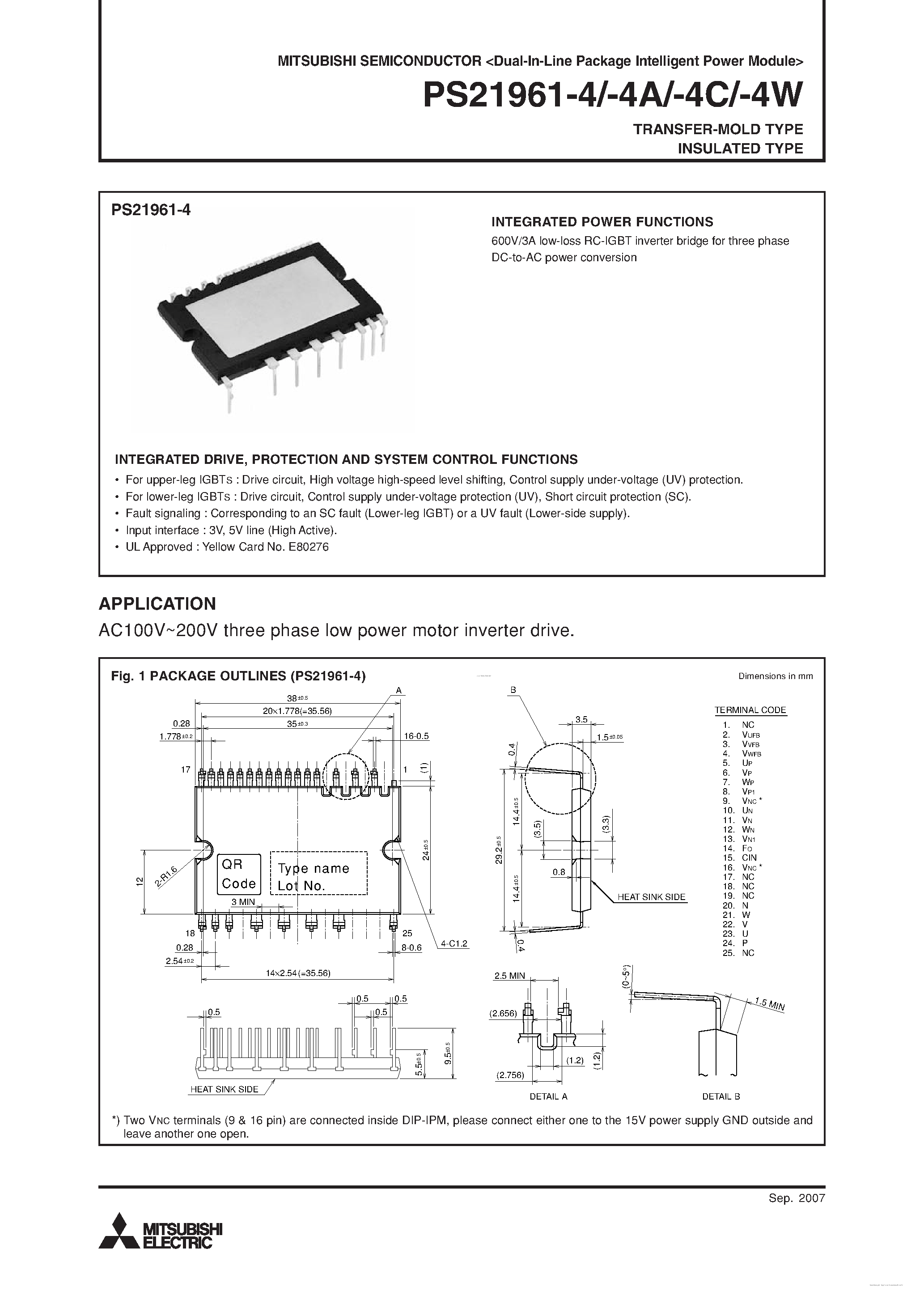 Datasheet PS21961-4 page 1 Datasheet PS21961-4 - Dual-In-Line Package Intelligent Power Module page 1