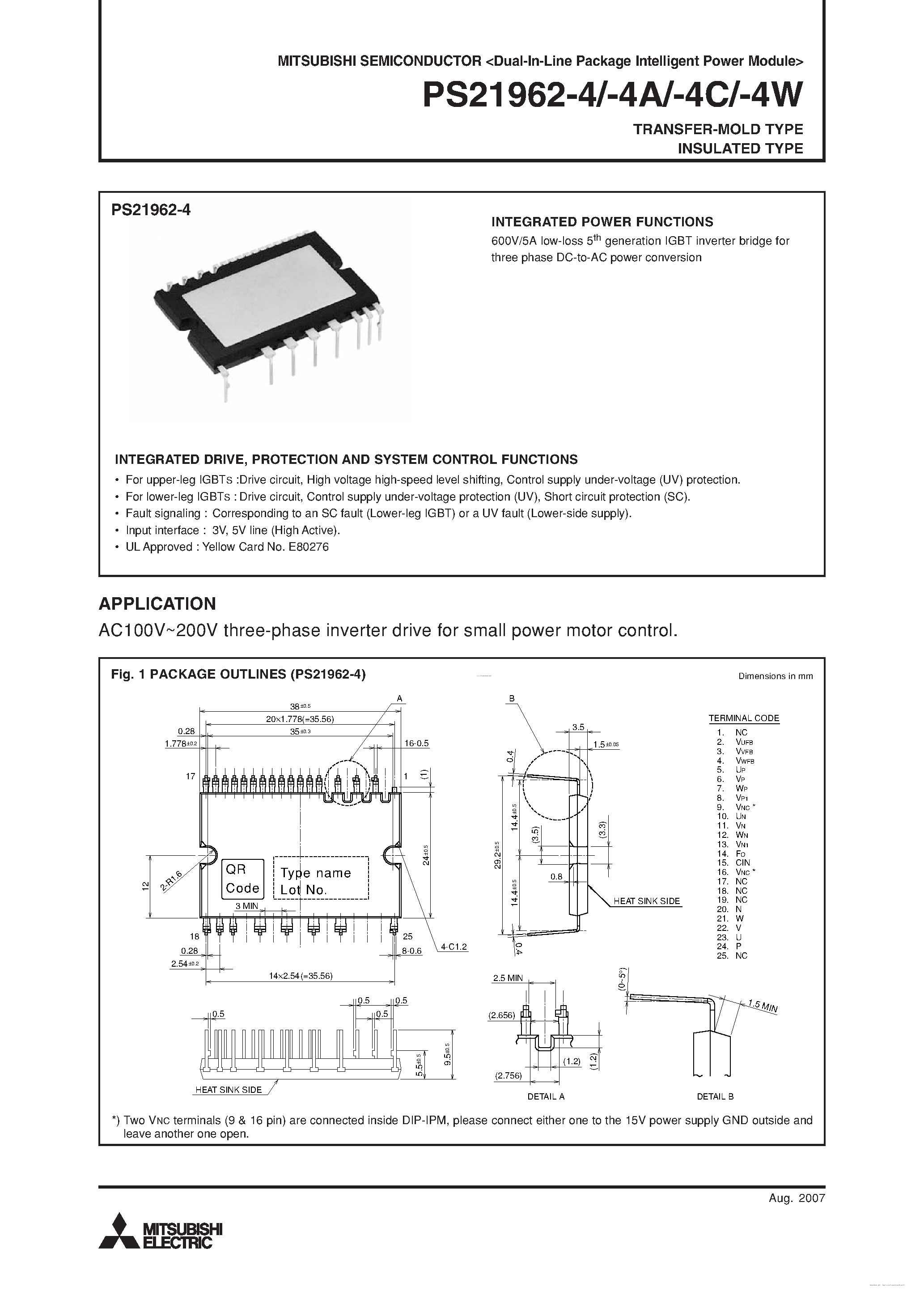 Datasheet PS21962-4 page 1 Datasheet PS21962-4 - Dual-In-Line Intelligent Power Module page 1