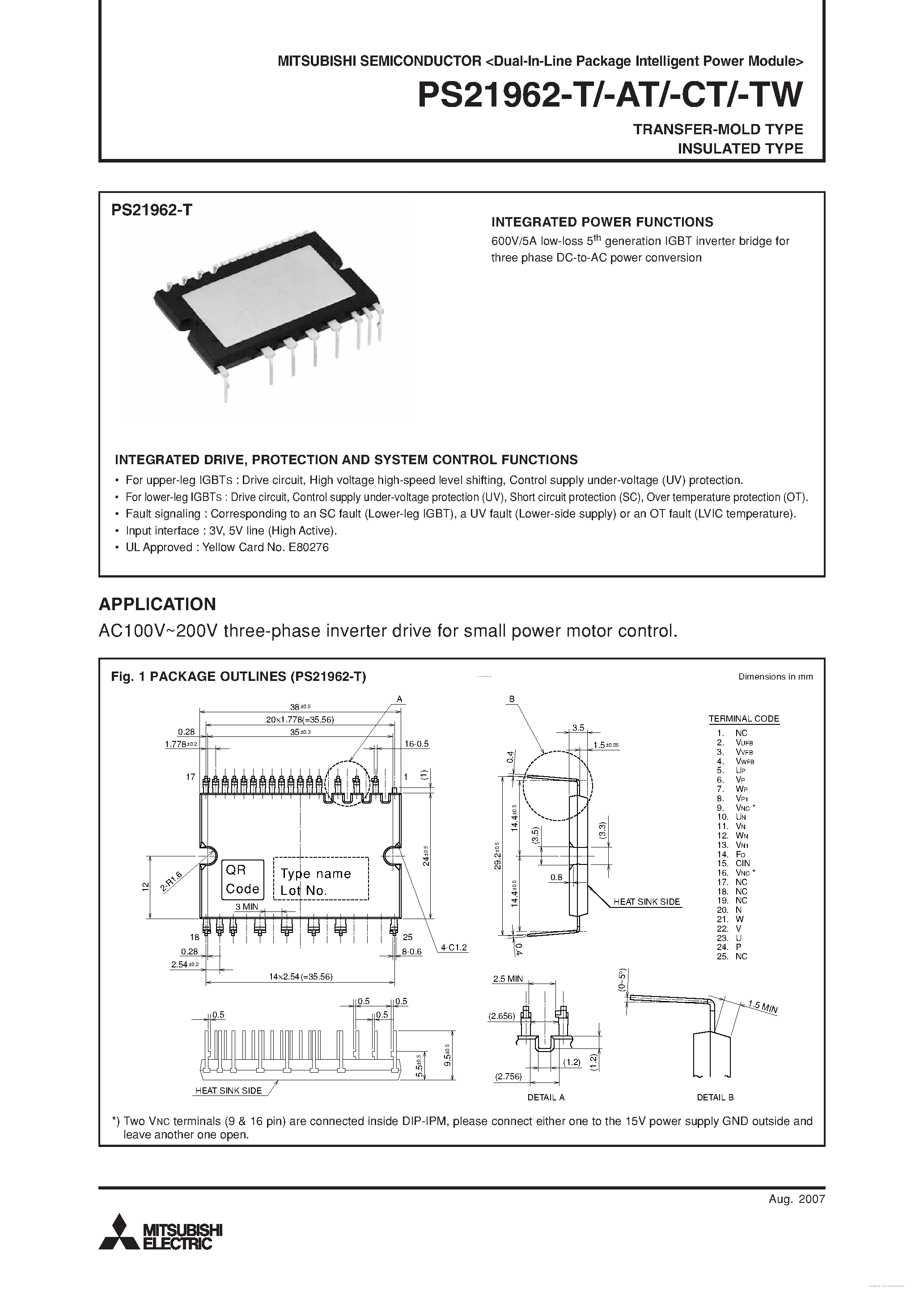 Datasheet PS21962-AT - Dual-In-Line Intelligent Power Module page 1