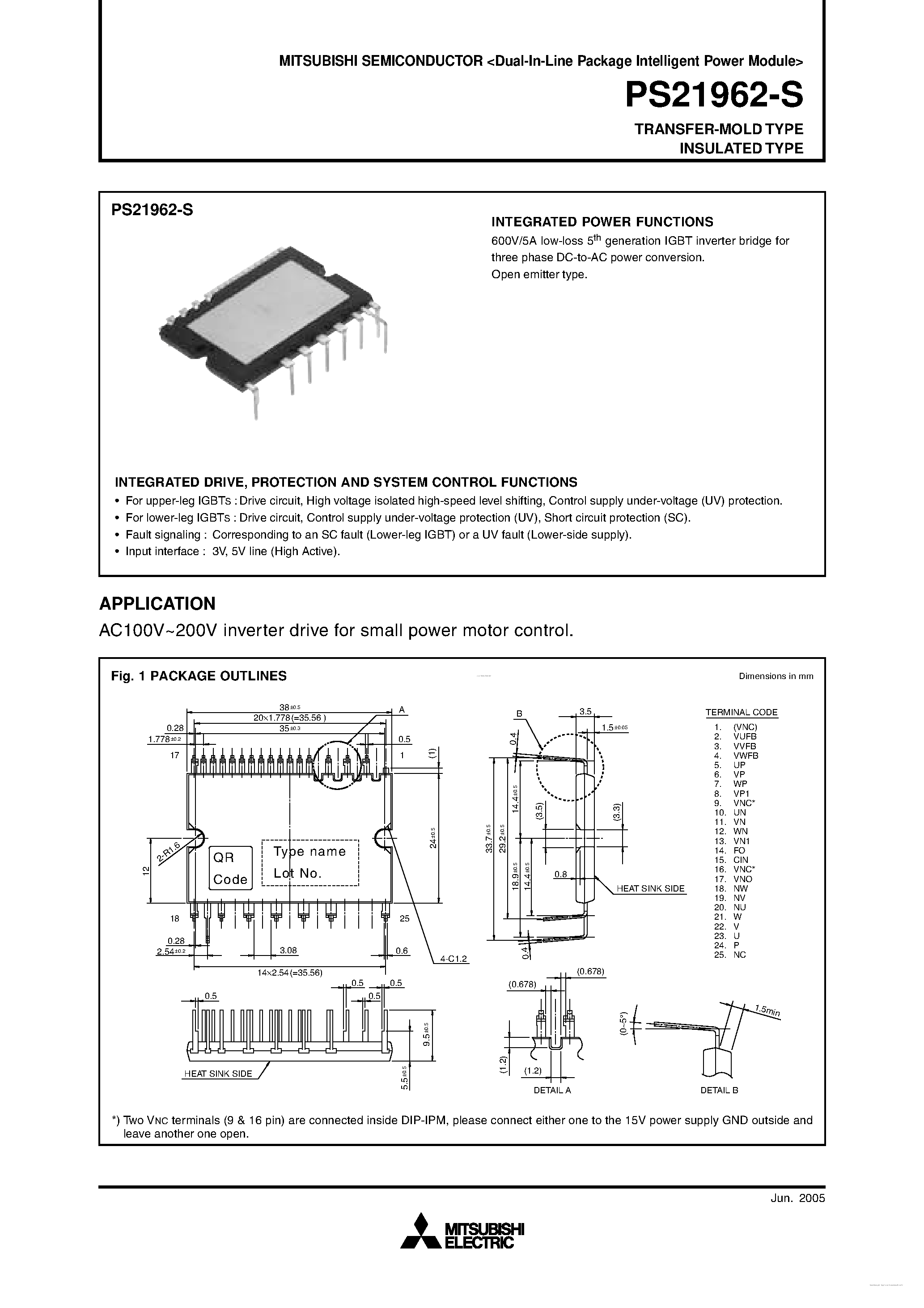 Datasheet PS21962-S - Dual-In-Line Intelligent Power Module page 1