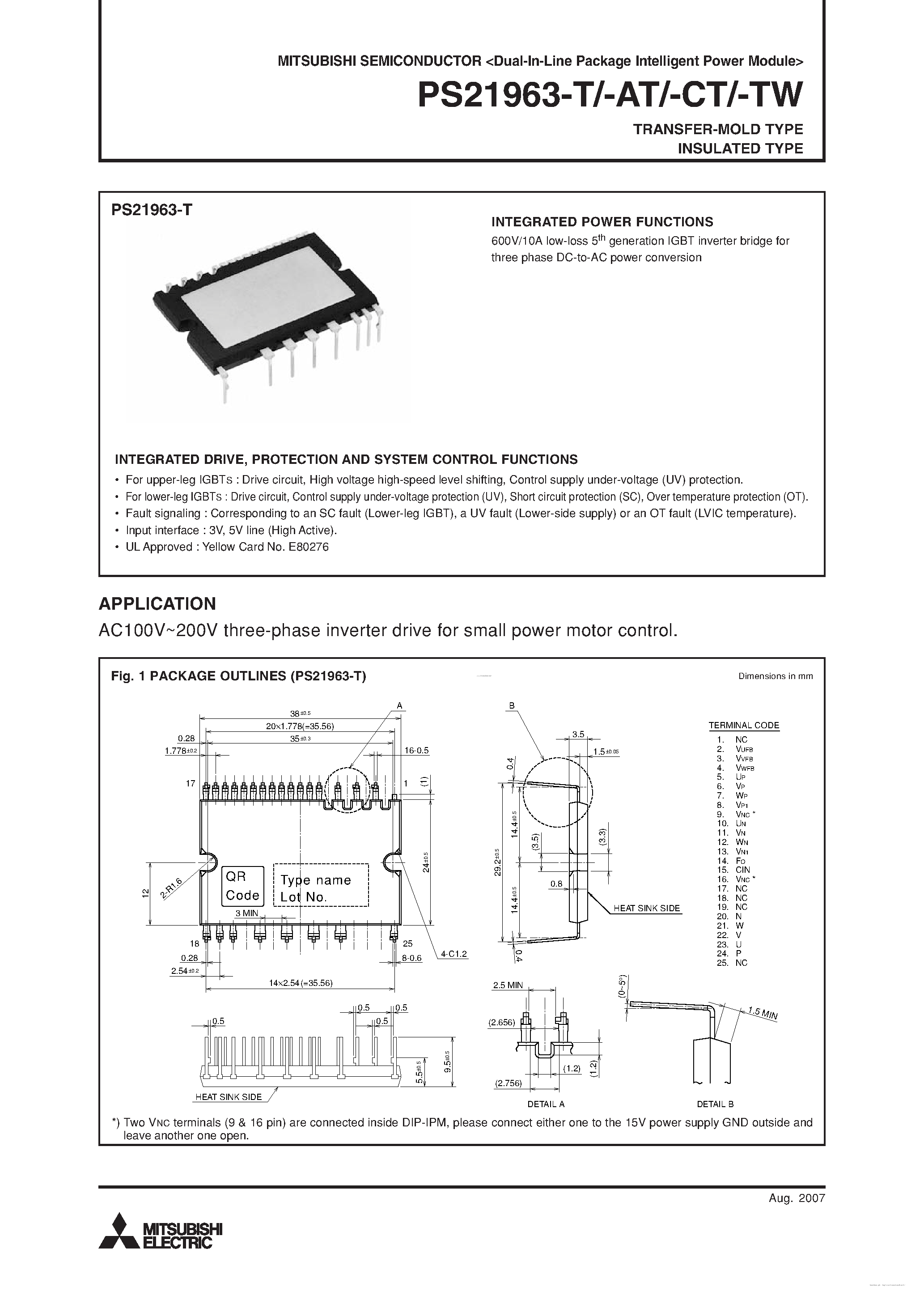 Datasheet PS21963-AT - Dual-In-Line Package Intelligent Power Module page 1