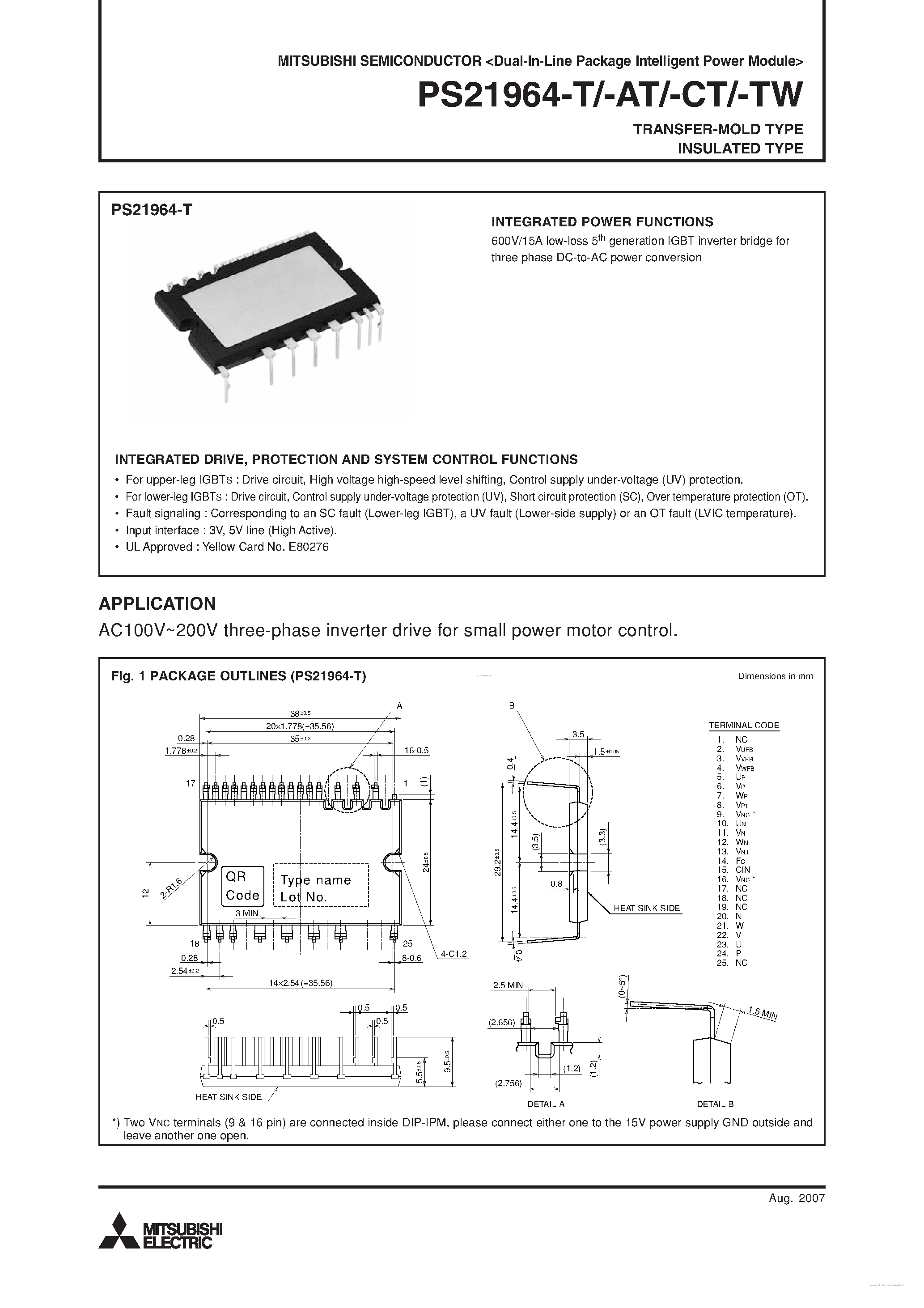 Datasheet PS21964-AT - Dual-In-Line Package Intelligent Power Module page 1