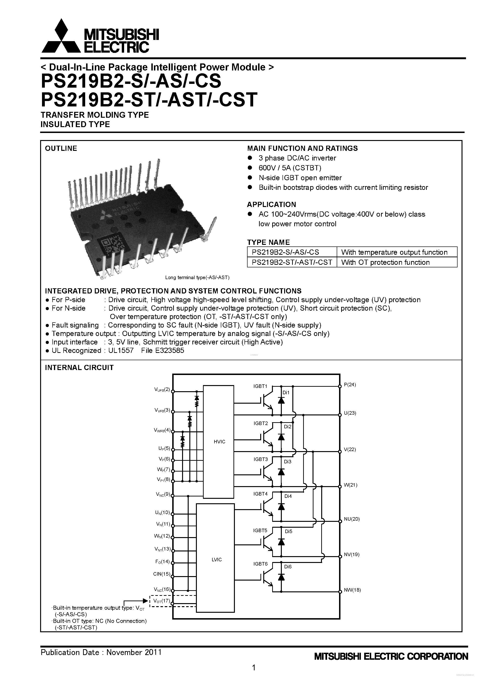 Datasheet PS219B2-AS - Dual-In-Line Package Intelligent Power Module page 1