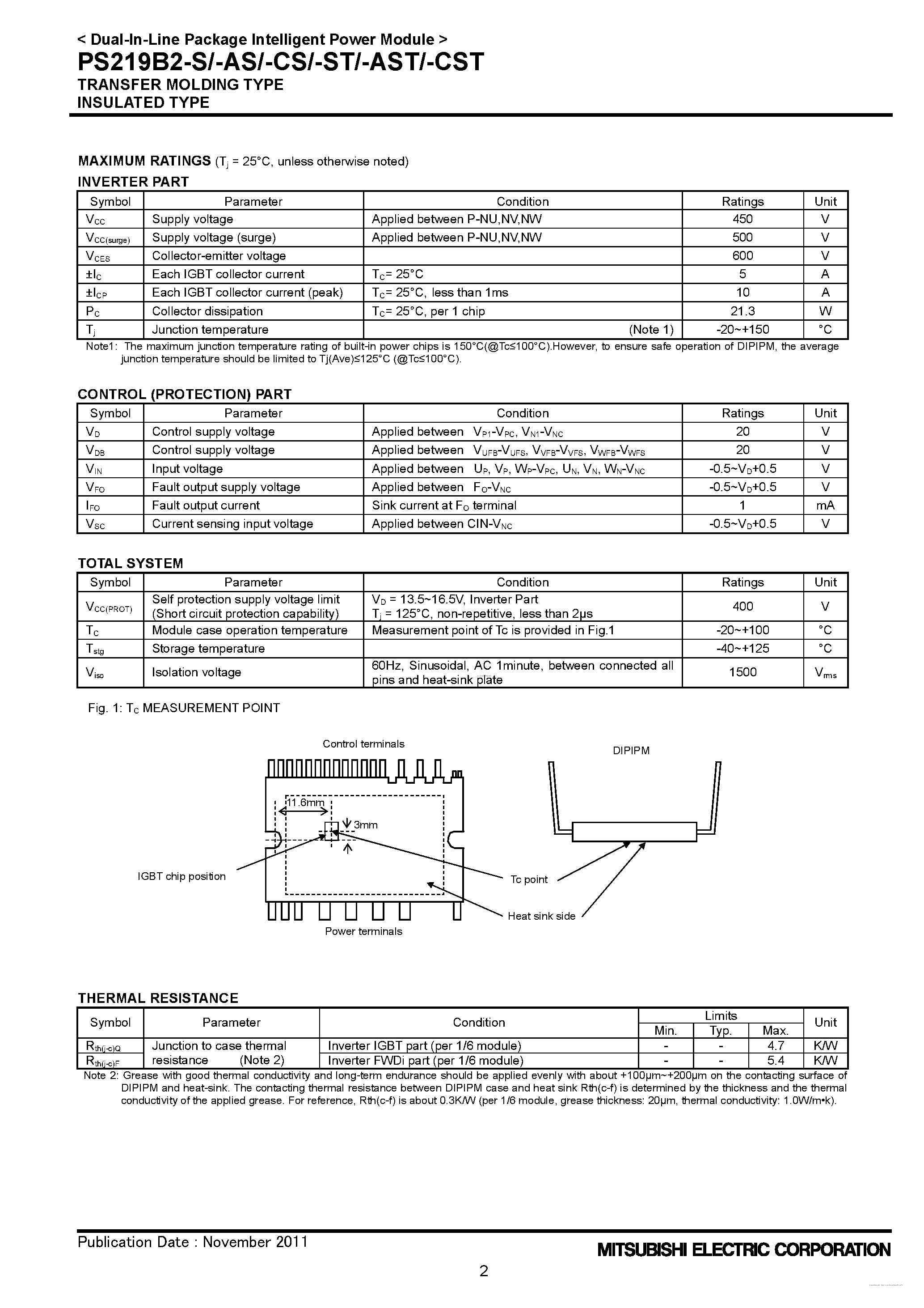 Datasheet PS219B2-AS - Dual-In-Line Package Intelligent Power Module page 2
