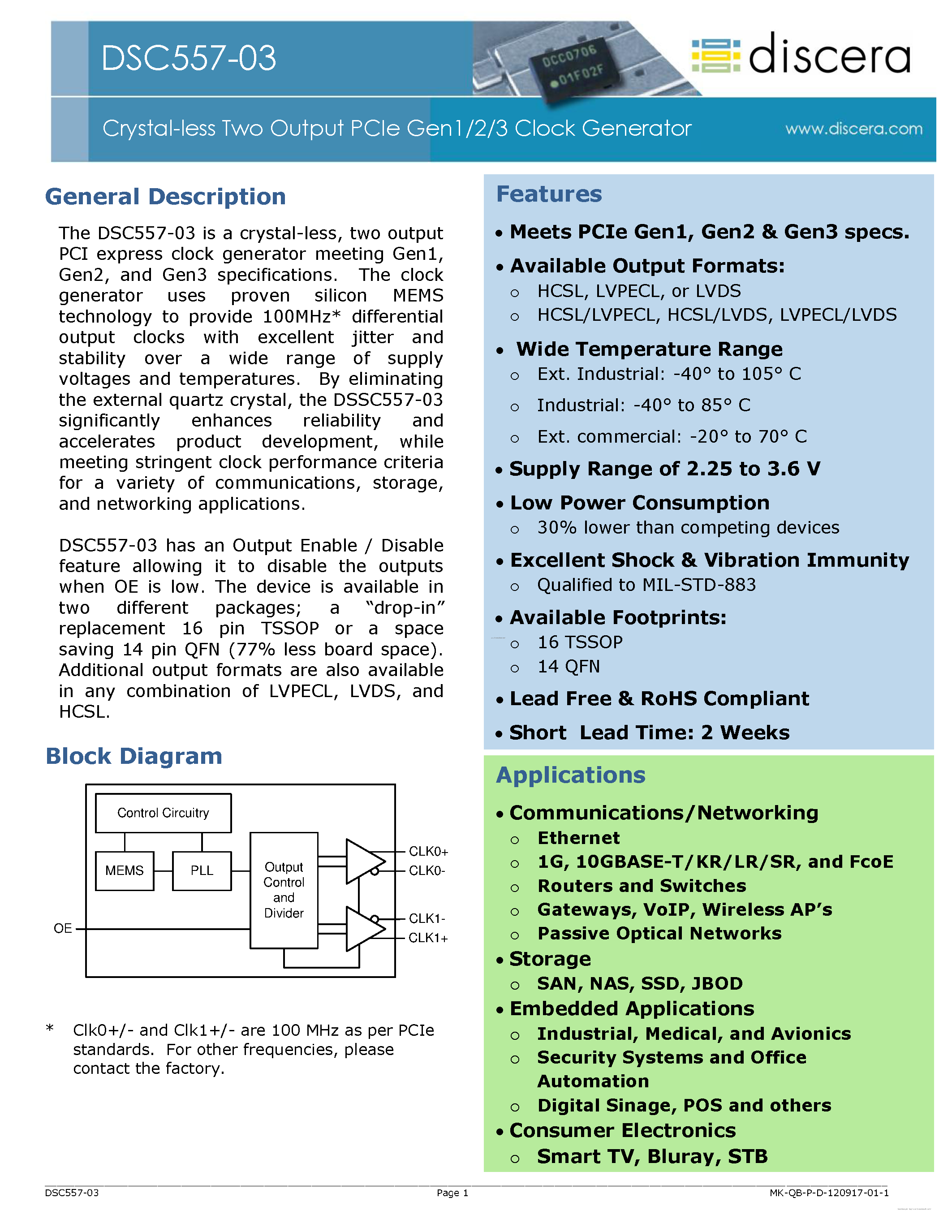 Datasheet DSC557-03 - Crystal-less Two Output PCIe Gen1/2/3 Clock Generator page 1